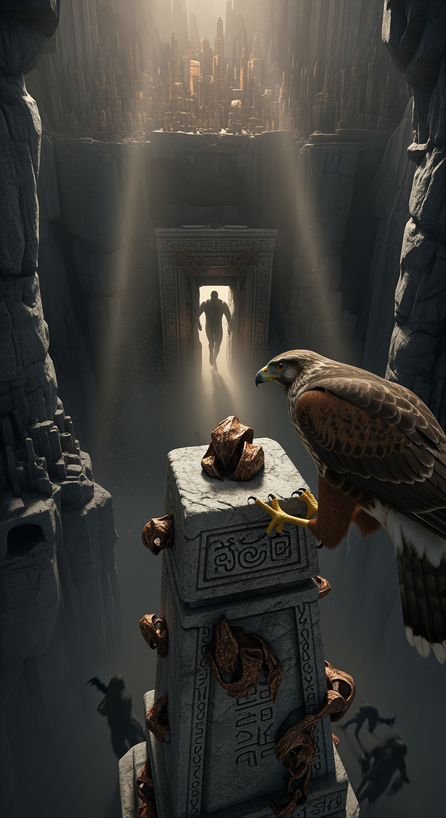AI Design for Full first-person hawk perspective. The bird lands on a towering stone monument in the center of the ancient cave city. Close-up details reveal weathered carvings, mysterious symbols, and strange metallic fragments embedded in stone. Subtle camera sway as the hawk scans the environment. Suddenly, a distant section of the city emits a faint glow. Dust begins falling from above. A massive hidden stone doorway slowly starts opening deep within the darkness. Low rumbling vibrations echo through the cavern. Shadows move where nothing should be moving. The hawk turns toward the opening as an enormous unknown silhouette briefly appears inside. Abrupt cut to black at the peak of tension. Ultra-realistic cinematic documentary style, suspenseful cliffhanger ending.