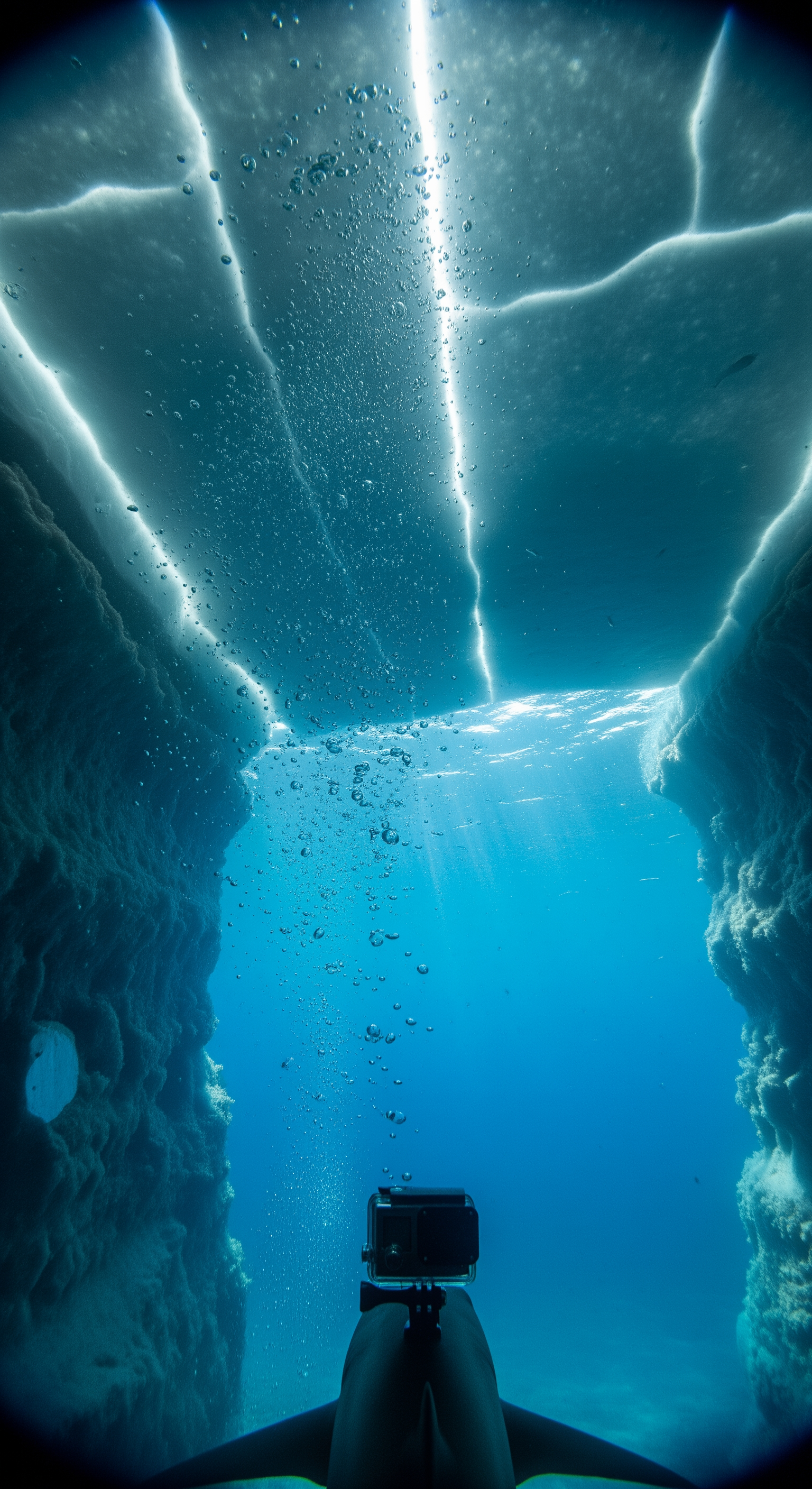 AI Design for SCENE 3 — FIRST-PERSON SHARK POV: ENTERING THE ENVIRONMENT

Full first-person GoPro action camera perspective from the shark. Wide-angle lens distortion, subtle head movement, natural swimming motion. The shark navigates beneath vast sheets of ancient ice. Tiny bubbles drift upward. Light rays penetrate deep blue water, illuminating suspended particles. Environmental sounds include distant ice fractures and muffled underwater currents. The shark passes through narrow openings beneath towering ice walls. Realistic camera sway, immersive underwater exploration, documentary realism, growing suspense as visibility slowly decreases.