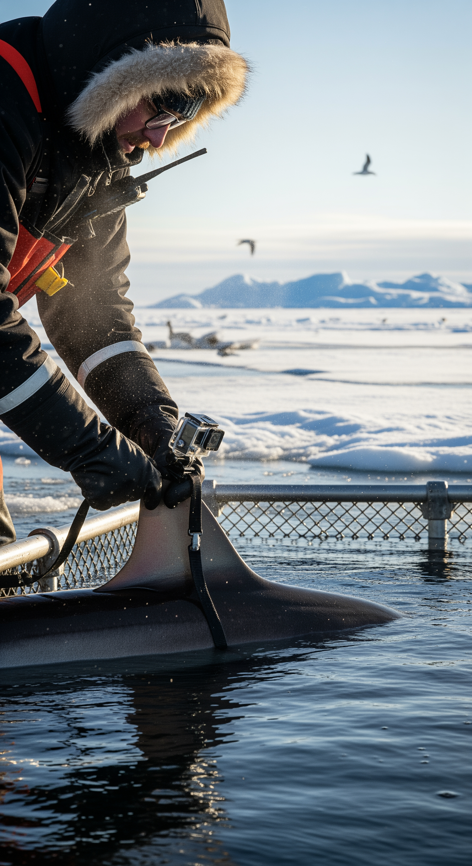 AI Design for Ultra realistic cinematic documentary footage at a remote Greenland Arctic research station beside a frozen fjord. A marine biologist wearing a heavy cold-weather suit carefully attaches a small action camera to the dorsal area of a large shark resting in a partially submerged holding enclosure. Extreme close-up shots of gloved hands tightening straps, frost particles blowing across metal equipment, water droplets freezing on the camera housing. Natural handheld camera movement, realistic breathing sounds, distant ice cracking, seabirds echoing in the background. Researchers communicate through radios while preparing the release. The shark slowly moves into open water as the gate opens. Cinematic environmental storytelling, dynamic shadows from low Arctic sunlight, volumetric light through drifting snow, realistic physics, suspenseful documentary atmosphere, ultra detailed 8K realism.