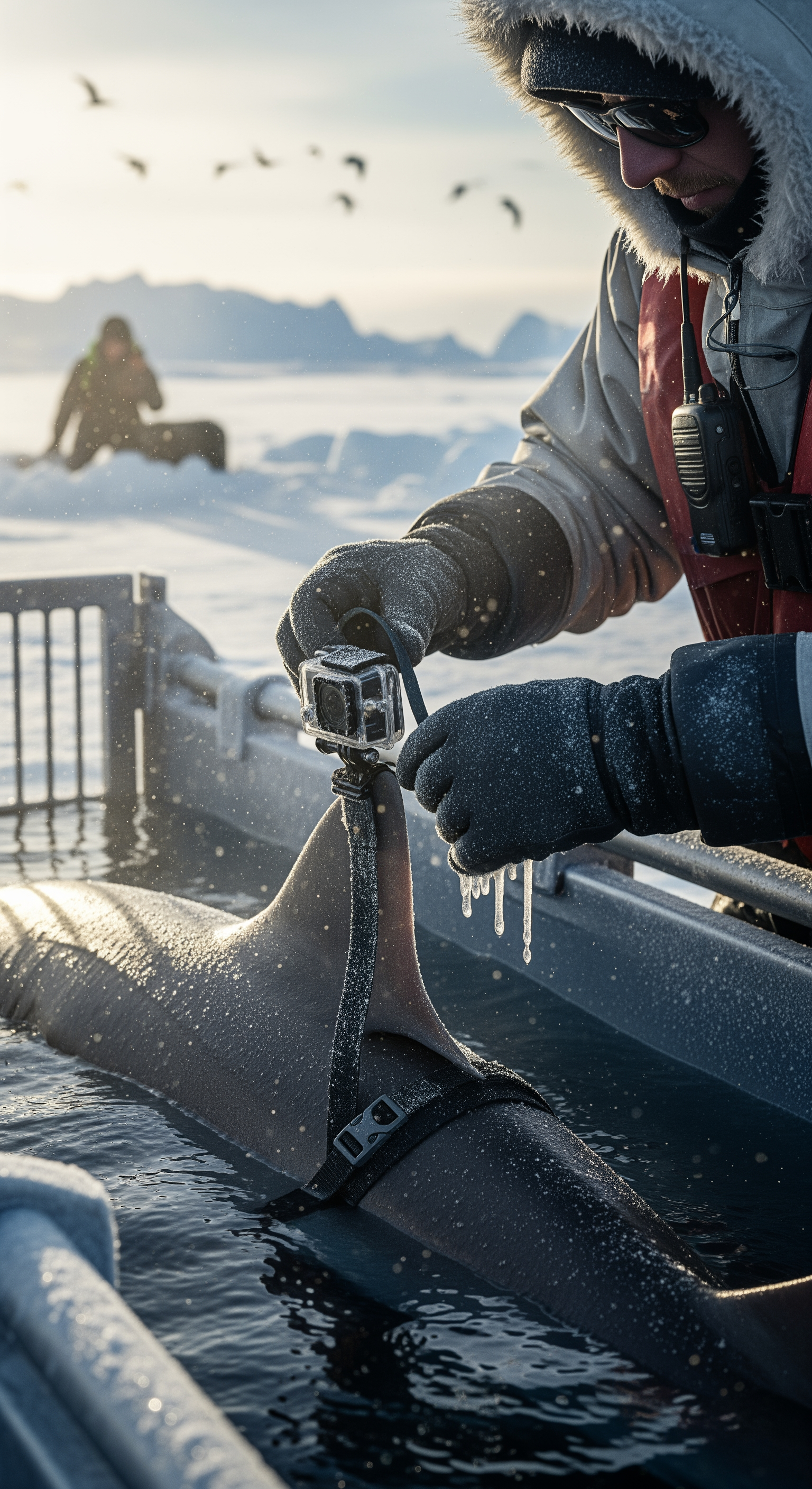 AI Design for Ultra realistic cinematic documentary footage at a remote Greenland Arctic research station beside a frozen fjord. A marine biologist wearing a heavy cold-weather suit carefully attaches a small action camera to the dorsal area of a large shark resting in a partially submerged holding enclosure. Extreme close-up shots of gloved hands tightening straps, frost particles blowing across metal equipment, water droplets freezing on the camera housing. Natural handheld camera movement, realistic breathing sounds, distant ice cracking, seabirds echoing in the background. Researchers communicate through radios while preparing the release. The shark slowly moves into open water as the gate opens. Cinematic environmental storytelling, dynamic shadows from low Arctic sunlight, volumetric light through drifting snow, realistic physics, suspenseful documentary atmosphere, ultra detailed 8K realism.