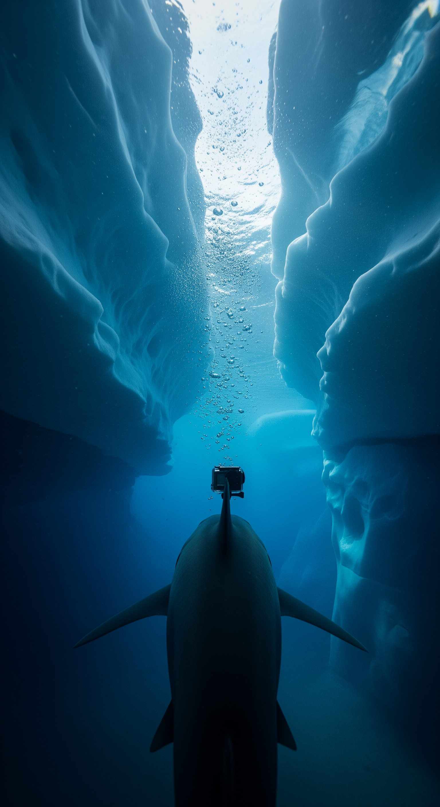 AI Design for SCENE 3 — FIRST-PERSON SHARK POV: ENTERING THE ENVIRONMENT

Full first-person GoPro action camera perspective from the shark. Wide-angle lens distortion, subtle head movement, natural swimming motion. The shark navigates beneath vast sheets of ancient ice. Tiny bubbles drift upward. Light rays penetrate deep blue water, illuminating suspended particles. Environmental sounds include distant ice fractures and muffled underwater currents. The shark passes through narrow openings beneath towering ice walls. Realistic camera sway, immersive underwater exploration, documentary realism, growing suspense as visibility slowly decreases.