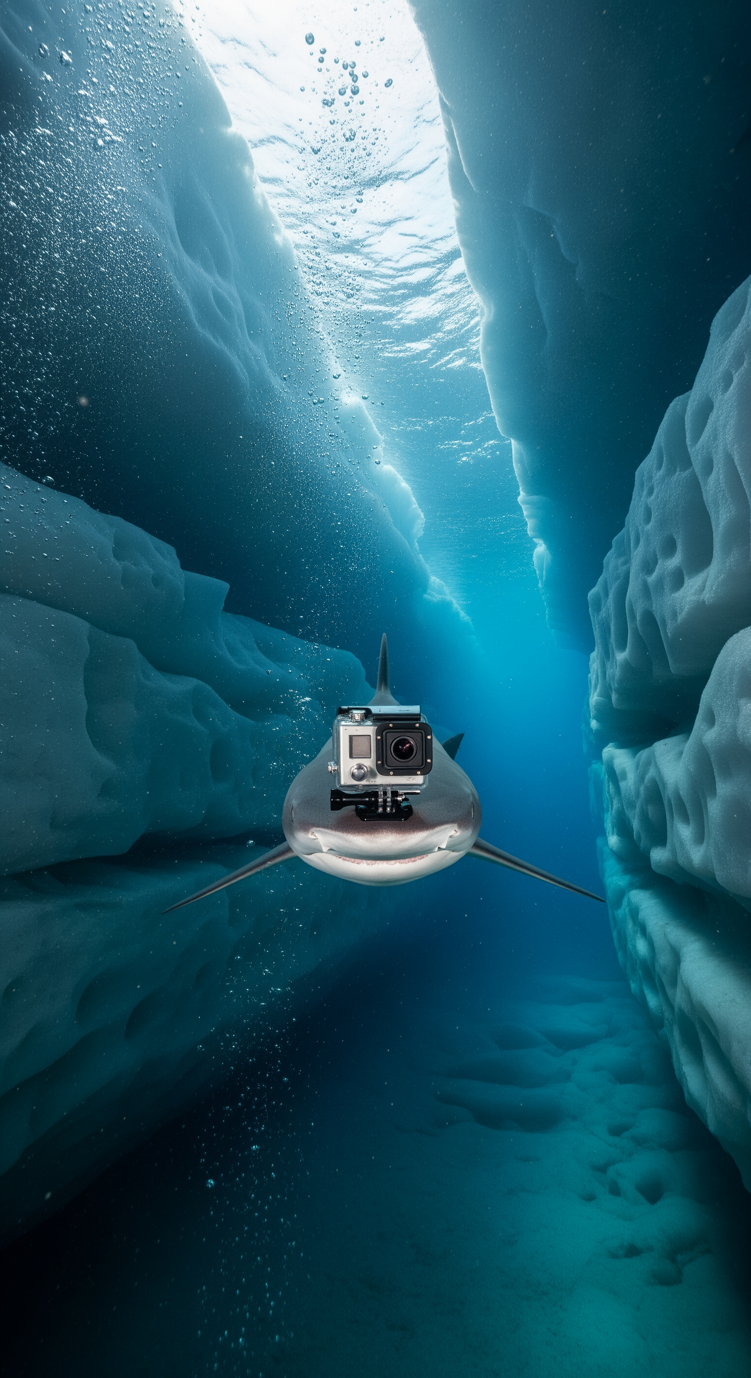 AI Design for Full first-person GoPro action camera perspective from the shark. Wide-angle lens distortion, subtle head movement, natural swimming motion. The shark navigates beneath vast sheets of ancient ice. Tiny bubbles drift upward. Light rays penetrate deep blue water, illuminating suspended particles. Environmental sounds include distant ice fractures and muffled underwater currents. The shark passes through narrow openings beneath towering ice walls. Realistic camera sway, immersive underwater exploration, documentary realism, growing suspense as visibility slowly decreases.