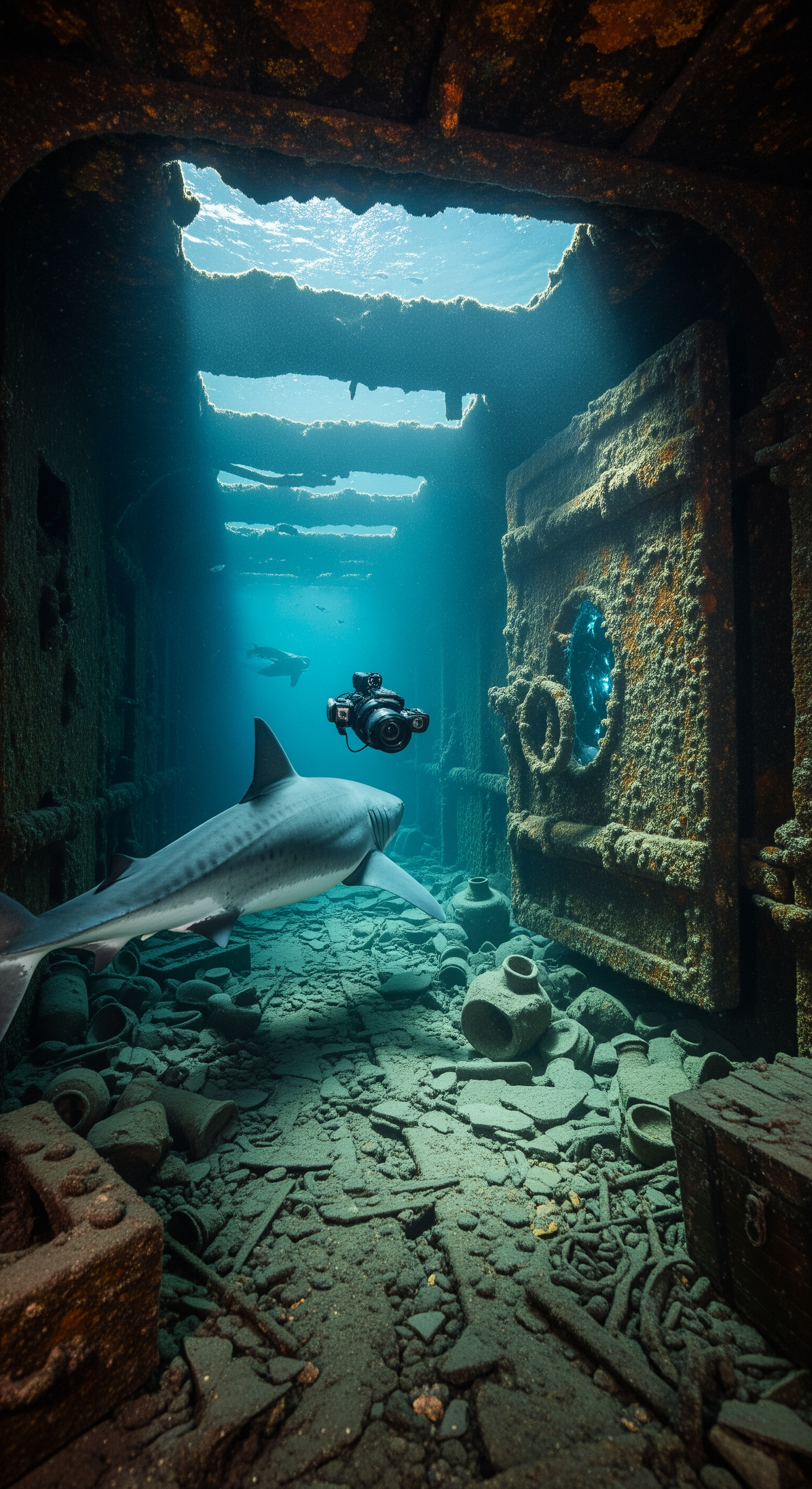 AI Design for The shark enters the wreck through the broken hull. Narrow corridors filled with preserved artifacts appear in the beam of filtered light. Ancient objects lie untouched for centuries. Suddenly a deep vibration echoes through the structure. Sediment erupts from the floor. The shark turns toward a hidden chamber where a massive sealed wooden door begins to slowly open on its own. Inside, a faint unnatural glow emerges from complete darkness. The camera approaches cautiously. Just before revealing what is inside, a violent ice crack shakes the entire wreck, the image distorts, visibility vanishes into swirling debris, and the footage cuts to black. Extreme suspense, realistic motion, immersive documentary style, cinematic cliffhanger ending.