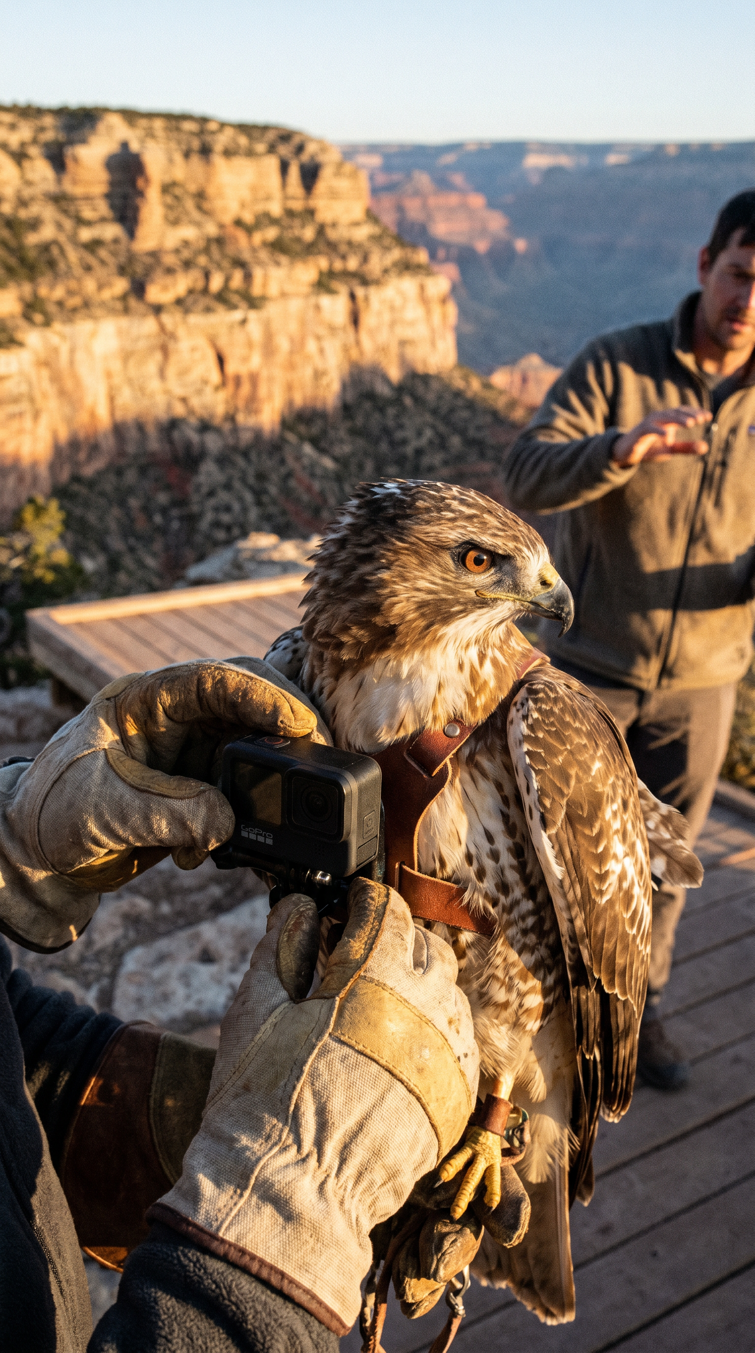 AI Design for Ultra-realistic cinematic wildlife documentary. Early morning at a remote desert research station on the rim of the Grand Canyon. A wildlife researcher carefully secures a small action camera onto the chest harness of a large hawk. Close-up shots of gloved hands tightening straps, feathers moving in the wind, blinking hawk eyes reflecting sunrise light. Natural handheld camera movement, shallow depth of field, realistic fabric and feather physics. Researchers quietly communicate in the background. Ambient sounds of wind, distant canyon echoes, equipment clicks, and bird calls. The hawk spreads its wings as the researcher gently releases it from an elevated platform. Dramatic takeoff toward the canyon. Volumetric sunlight, dynamic shadows, cinematic realism, documentary style.