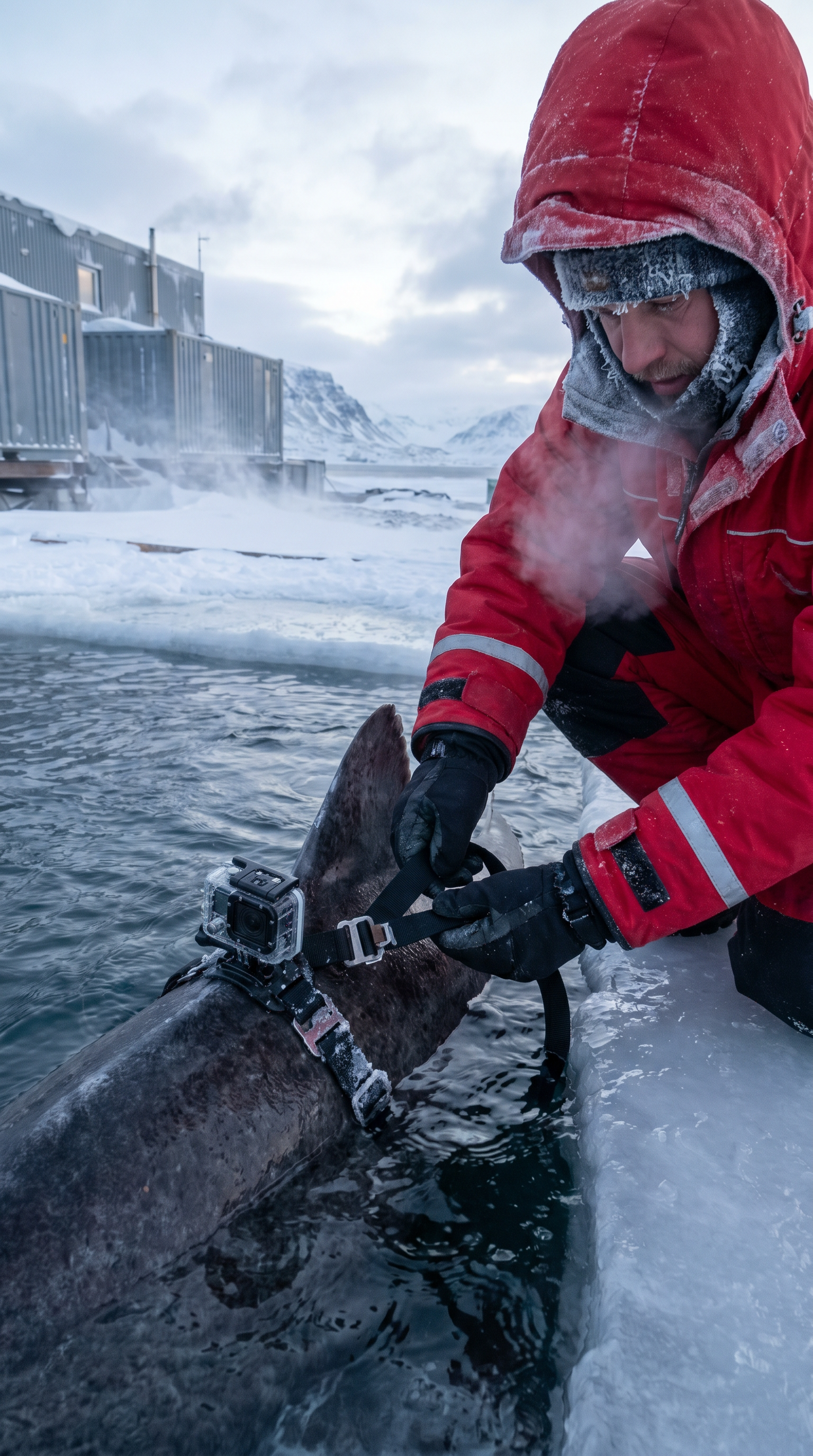 AI Design for Ultra realistic Arctic documentary footage at a remote Greenland research station beside a frozen fjord. A researcher wearing thick insulated gear carefully secures a compact waterproof action camera onto the dorsal area of a large Greenland shark resting in a shallow containment pool. Natural handheld camera movement captures close-up details of gloved hands tightening straps, frost crystals on equipment, shark skin texture, condensed breath in freezing air. Ambient sounds of wind, distant ice cracking, seabirds, sloshing water, radio chatter from scientists. The shark slowly moves as final safety checks are completed. The gate opens and the animal is released into dark Arctic water. Cinematic realism, dynamic shadows, volumetric sunlight through blowing snow, authentic documentary atmosphere, highly detailed environmental storytelling.