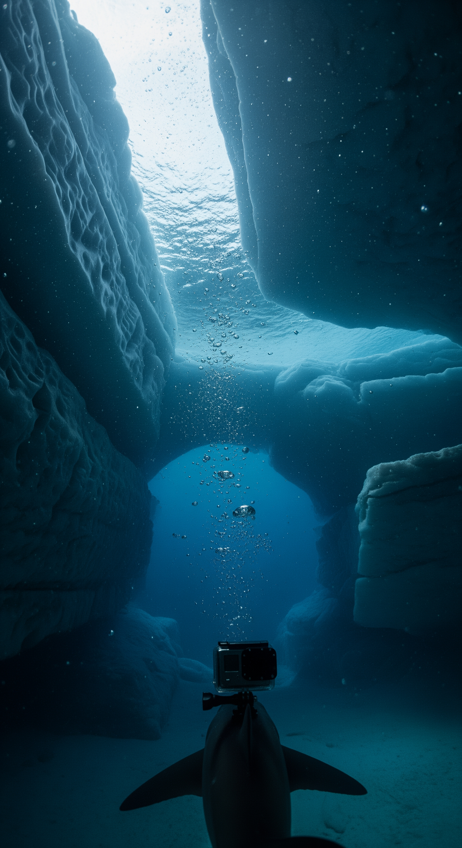 AI Design for SCENE 3 — FIRST-PERSON SHARK POV: ENTERING THE ENVIRONMENT

Full first-person GoPro action camera perspective from the shark. Wide-angle lens distortion, subtle head movement, natural swimming motion. The shark navigates beneath vast sheets of ancient ice. Tiny bubbles drift upward. Light rays penetrate deep blue water, illuminating suspended particles. Environmental sounds include distant ice fractures and muffled underwater currents. The shark passes through narrow openings beneath towering ice walls. Realistic camera sway, immersive underwater exploration, documentary realism, growing suspense as visibility slowly decreases.