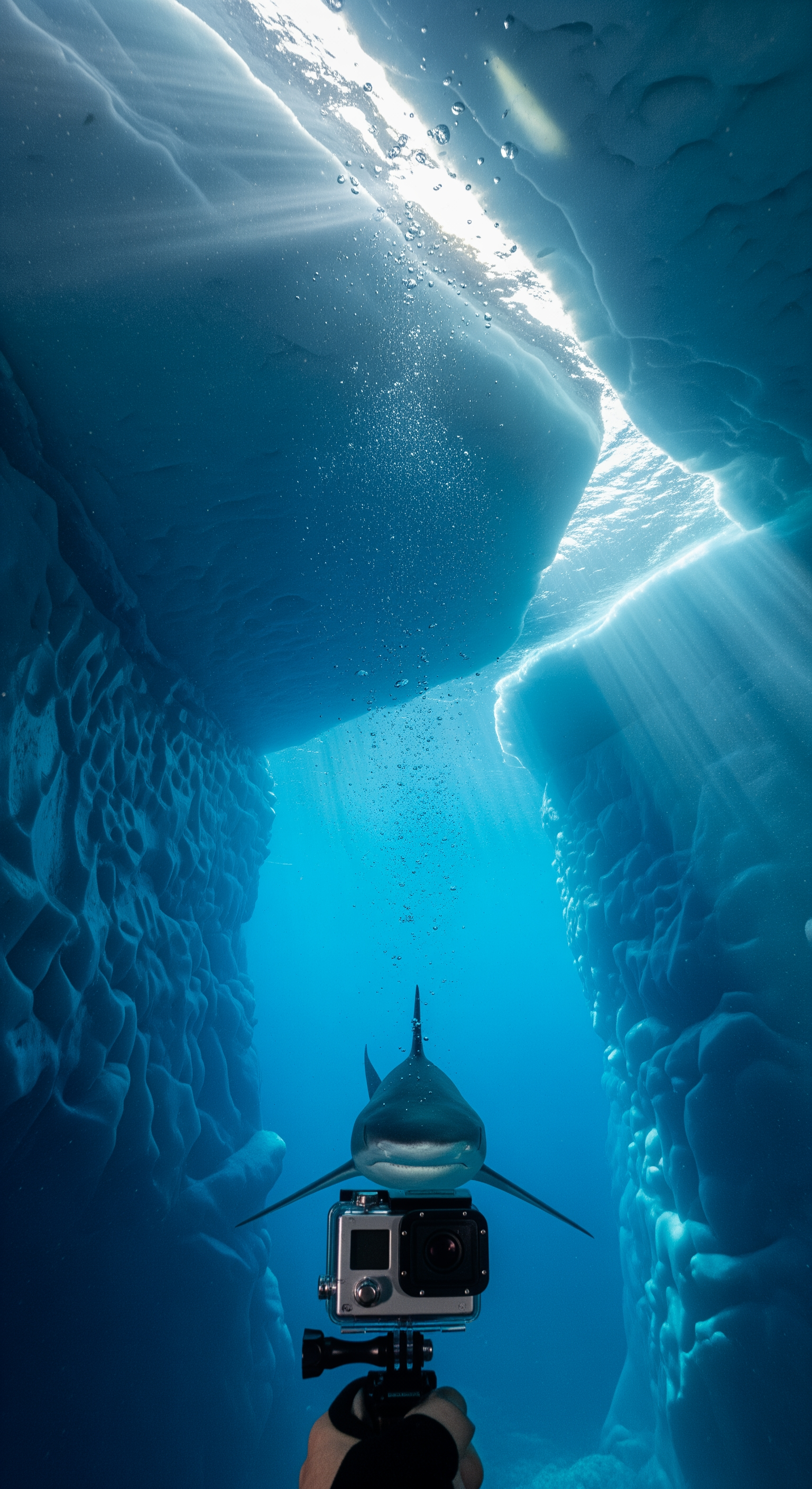 AI Design for Full first-person GoPro action camera perspective from the shark. Wide-angle lens distortion, subtle head movement, natural swimming motion. The shark navigates beneath vast sheets of ancient ice. Tiny bubbles drift upward. Light rays penetrate deep blue water, illuminating suspended particles. Environmental sounds include distant ice fractures and muffled underwater currents. The shark passes through narrow openings beneath towering ice walls. Realistic camera sway, immersive underwater exploration, documentary realism, growing suspense as visibility slowly decreases.