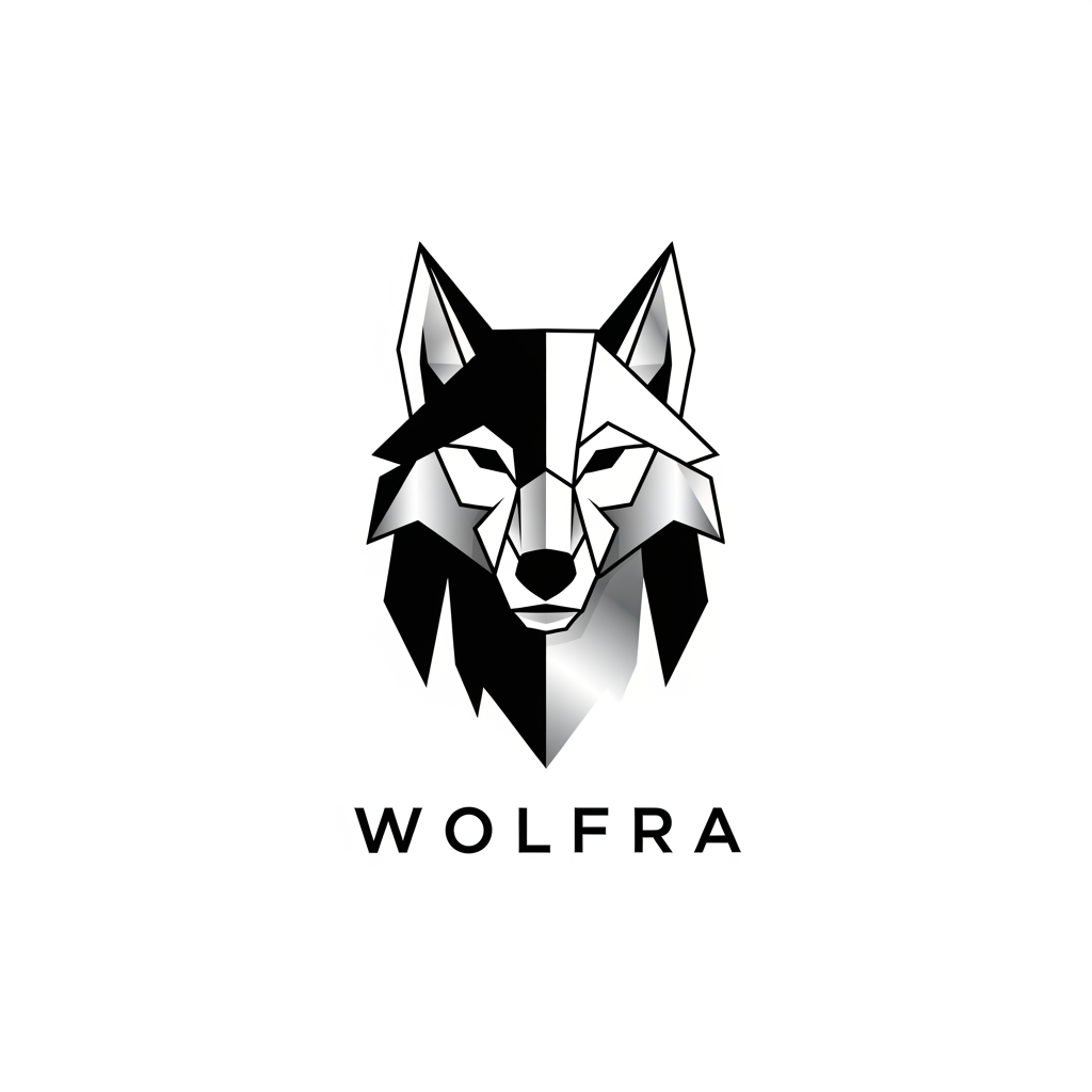 AI Design for Design a modern minimalist logo for a brand named “WOLFRA”. The logo should feature a sleek wolf symbol combined with sharp geometric shapes. Use a black and white color palette with a touch of silver accent. Style should be luxury, premium streetwear, clean vector design, high contrast, centered composition, white background.