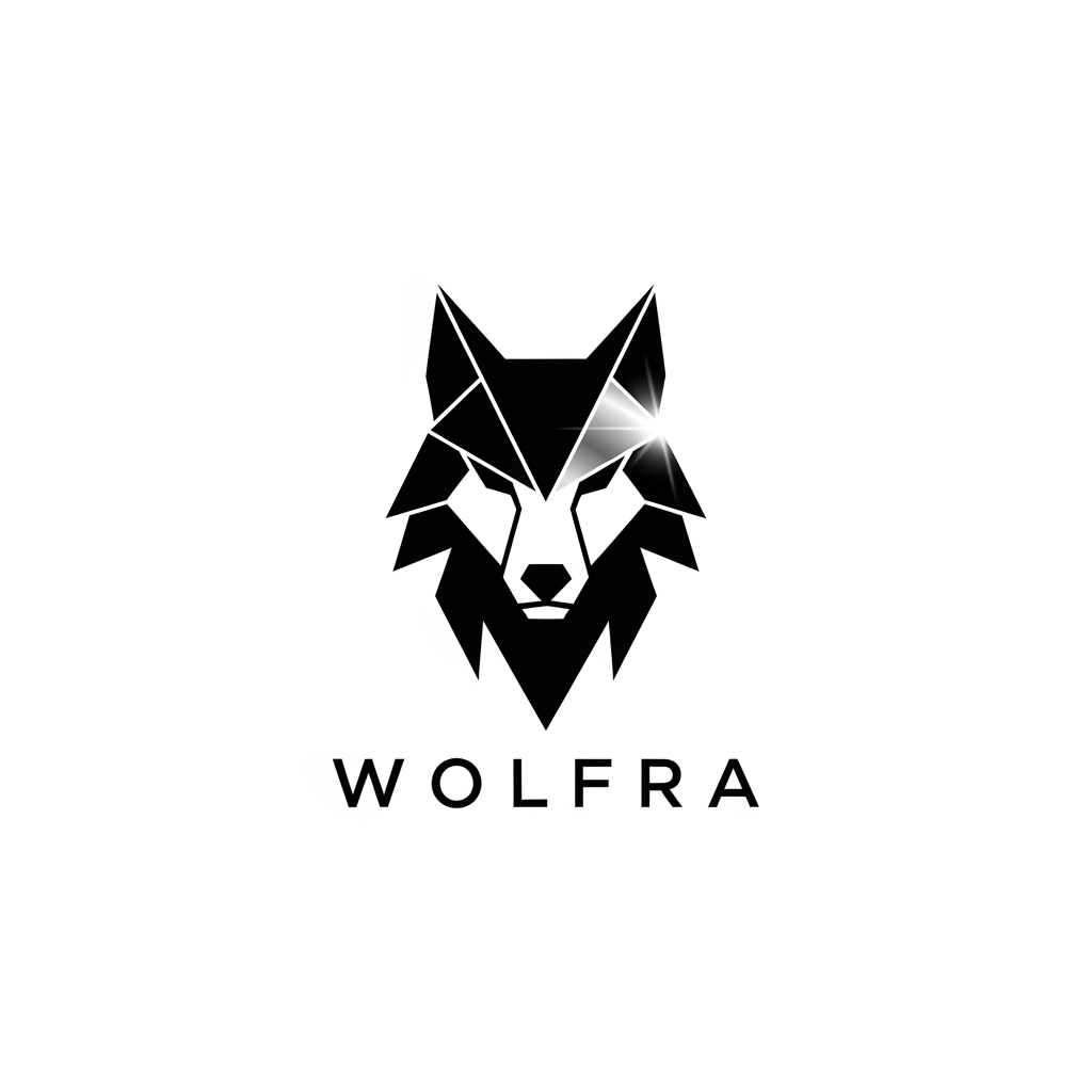 AI Design for Design a modern minimalist logo for a brand named “WOLFRA”. The logo should feature a sleek wolf symbol combined with sharp geometric shapes. Use a black and white color palette with a touch of silver accent. Style should be luxury, premium streetwear, clean vector design, high contrast, centered composition, white background.
