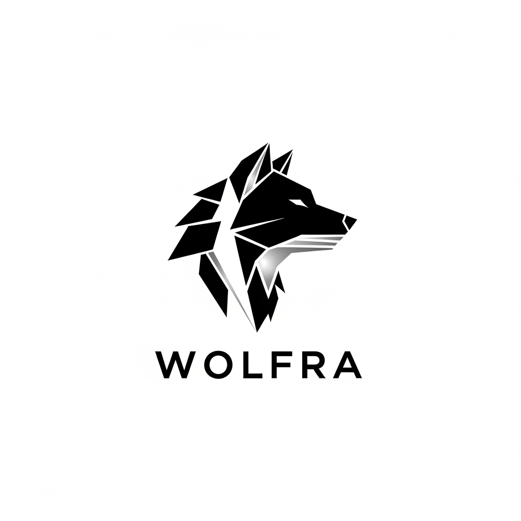 AI Design for Design a modern minimalist logo for a brand named “WOLFRA”. The logo should feature a sleek wolf symbol combined with sharp geometric shapes. Use a black and white color palette with a touch of silver accent. Style should be luxury, premium streetwear, clean vector design, high contrast, centered composition, white background.