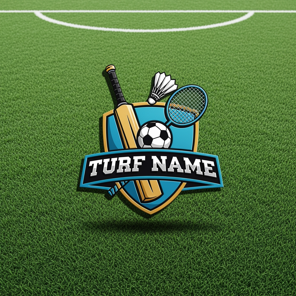 AI Design for ground with bat ,football,batmiton,in logo and this are in turf name