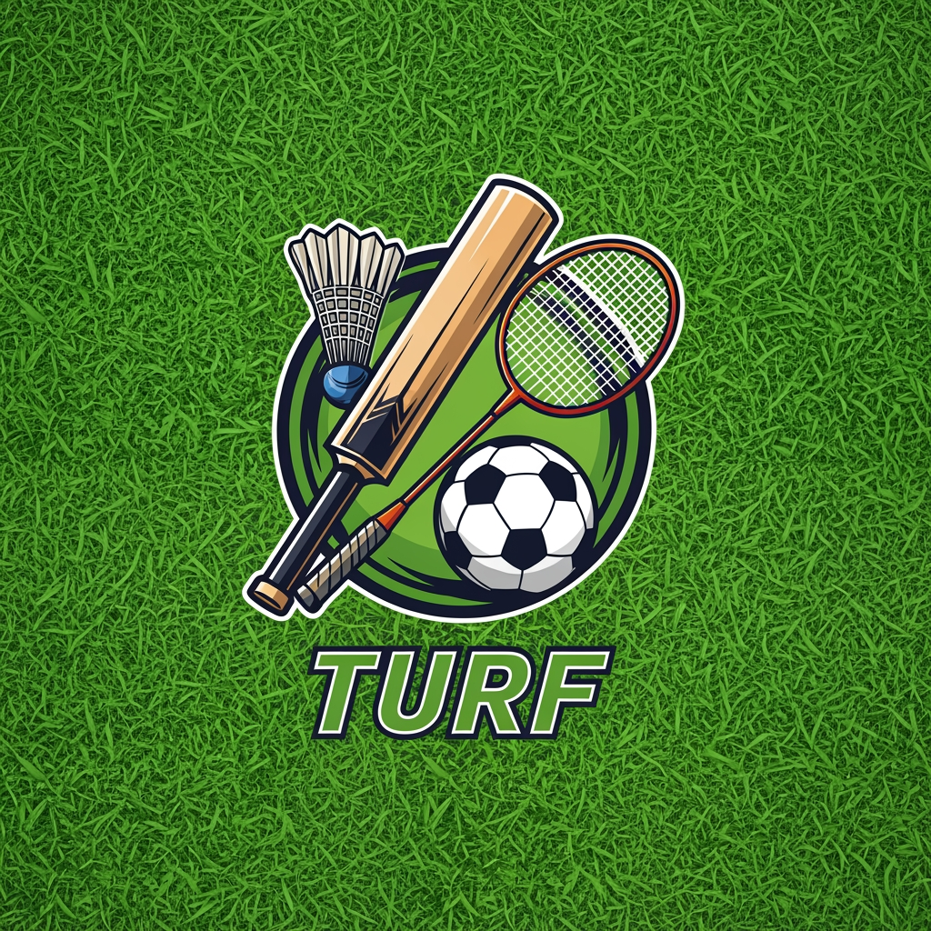 AI Design for ground with bat ,football,batmiton,in logo and this are in turf name