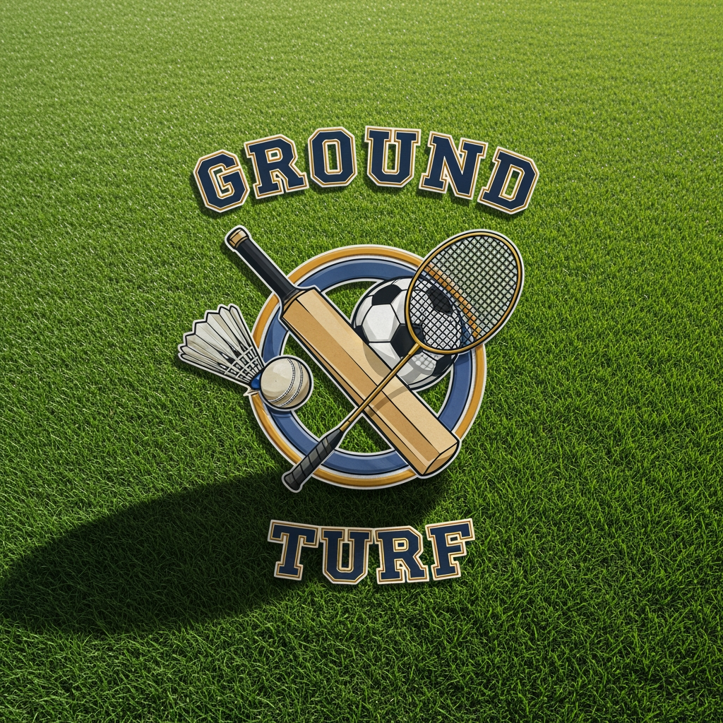 AI Design for ground with bat ,football,batmiton,in logo and this are in turf name