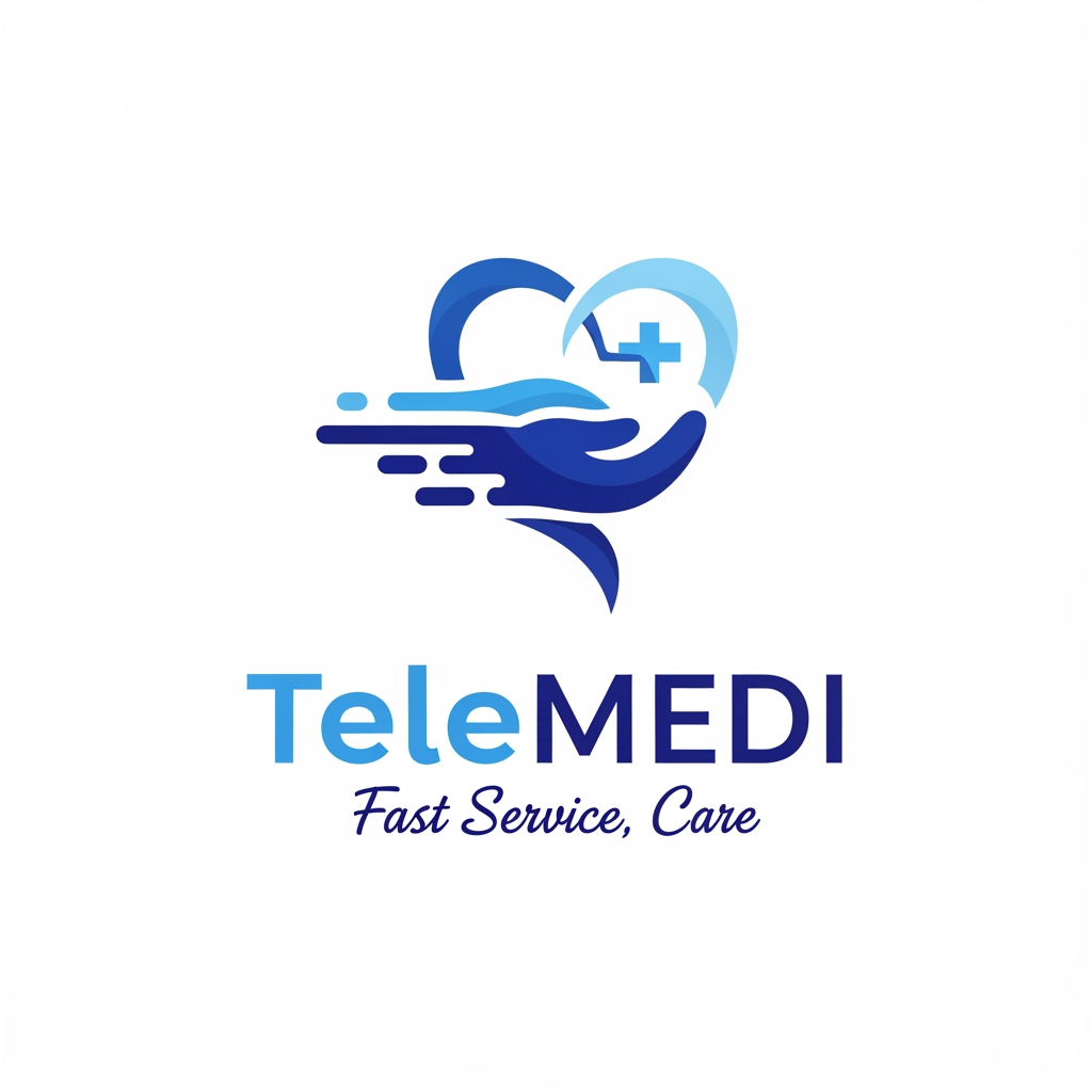AI Design for i want to create medcure application name telemedi + fast service + care related logo create elegent and meaning fuull blue theme