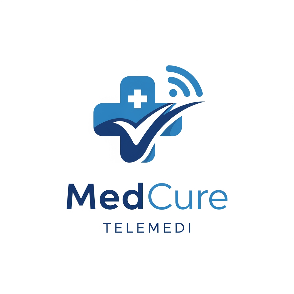 AI Design for i want to create health care  application name  medcure  telemedi  service + fast service + care related logo create elegent and meaning fuull blue theme only one colour