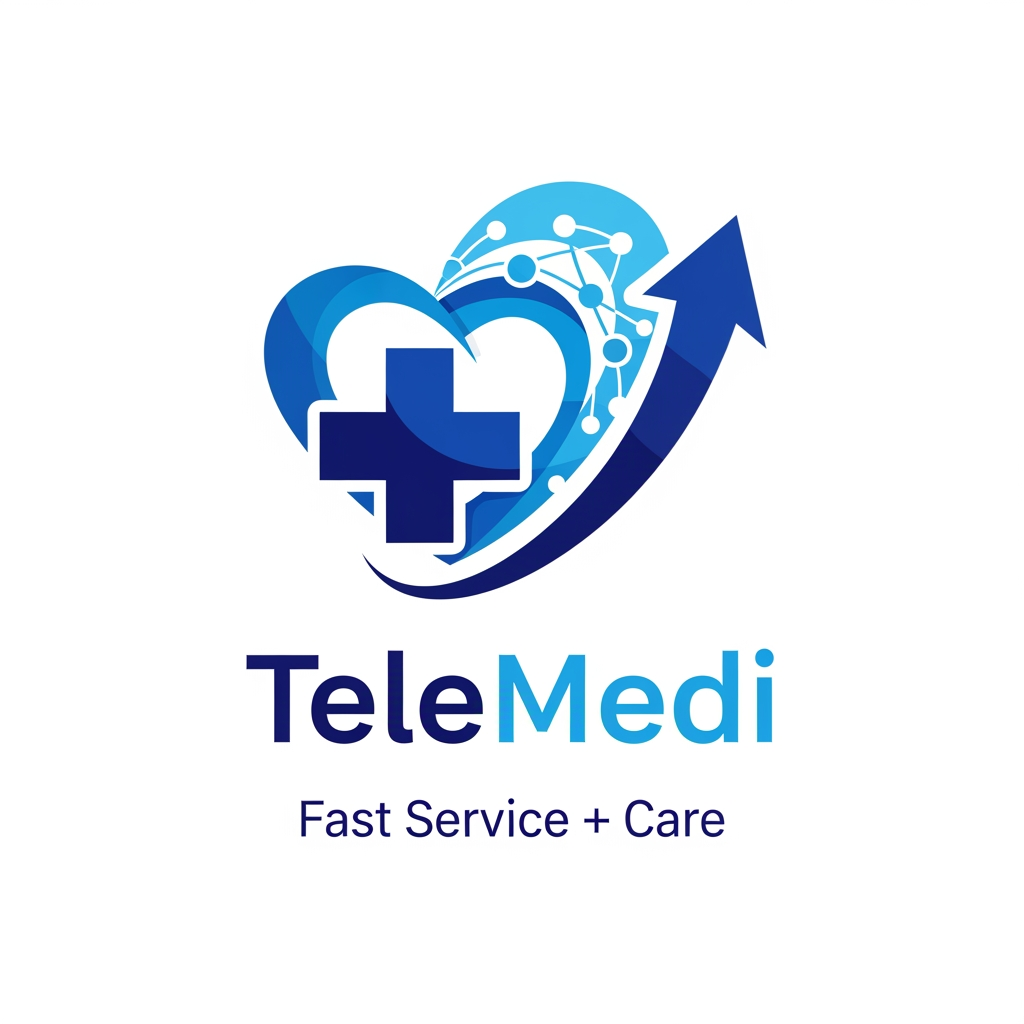 AI Design for i want to create medcure application name telemedi + fast service + care related logo create elegent and meaning fuull blue theme