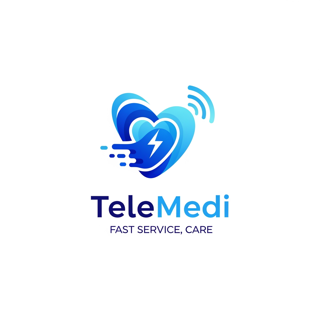AI Design for i want to create medcure application name telemedi + fast service + care related logo create elegent and meaning fuull blue theme
