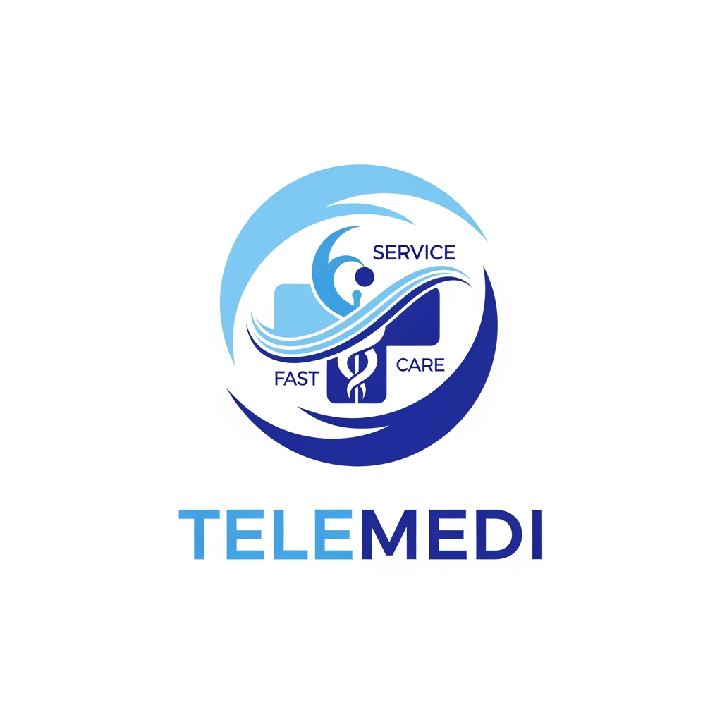 AI Design for i want to create medcure application name telemedi + fast service + care related logo create elegent and meaning fuull blue theme