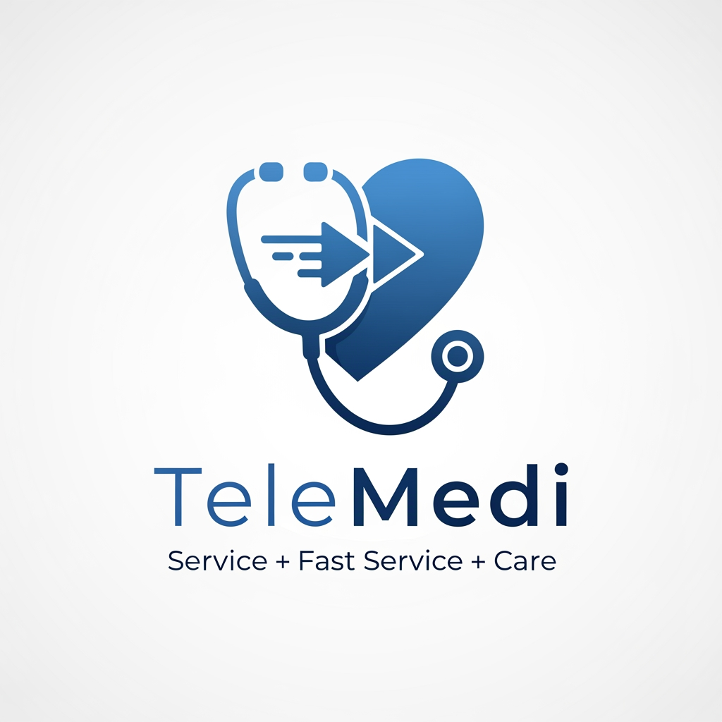 AI Design for i want to create medcure application name telemedi  service + fast service + care related logo create elegent and meaning fuull blue theme only one colour