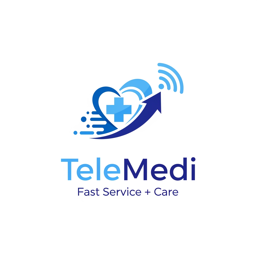 AI Design for i want to create medcure application name telemedi + fast service + care related logo create elegent and meaning fuull blue theme