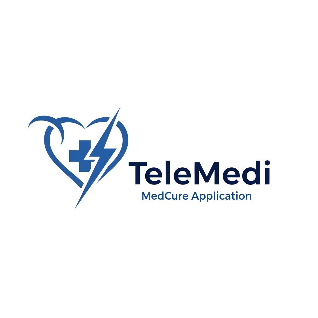 AI Design for i want to create medcure application name telemedi  service + fast service + care related logo create elegent and meaning fuull blue theme only one colour