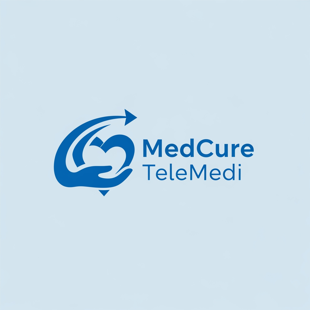 AI Design for i want to create health care  application name  medcure  telemedi  service + fast service + care related logo create elegent and meaning fuull blue theme only one colour