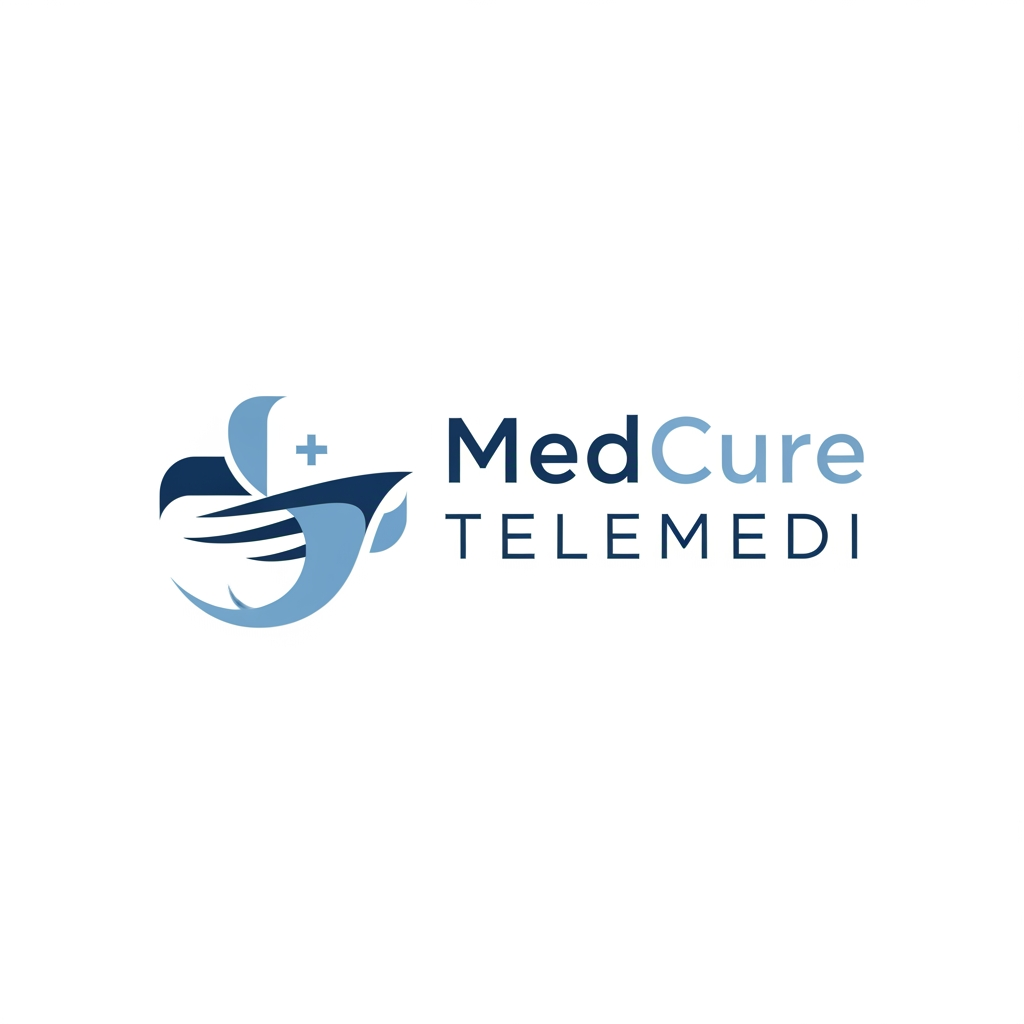 AI Design for i want to create medcure application name telemedi  service + fast service + care related logo create elegent and meaning fuull blue theme only one colour