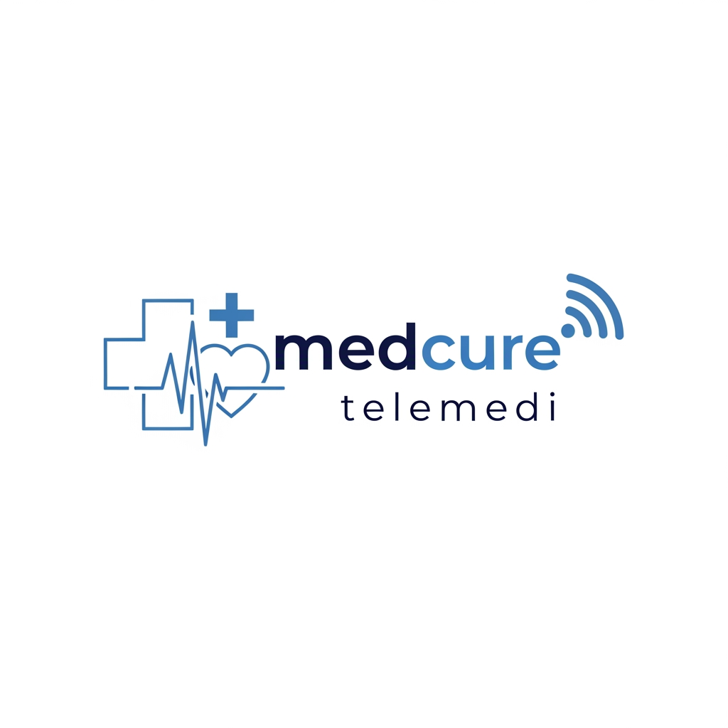 AI Design for i want to create health care  application name  medcure  telemedi  service + fast service + care related logo create elegent and meaning fuull blue theme only one colour