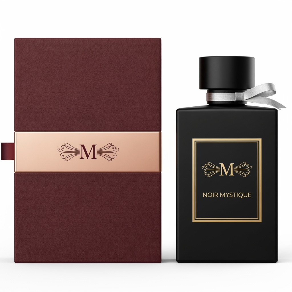 AI Design for Style: Luxury Font: Elegant serif / thin premium typography Symbol: “M” monogram with perfume vapor curves Colors (Attractive): Matte Black + Gold (Luxury look) Deep Maroon + Rose Gold (Royal feel) Dark Emerald + Silver (Premium fresh look) Modern