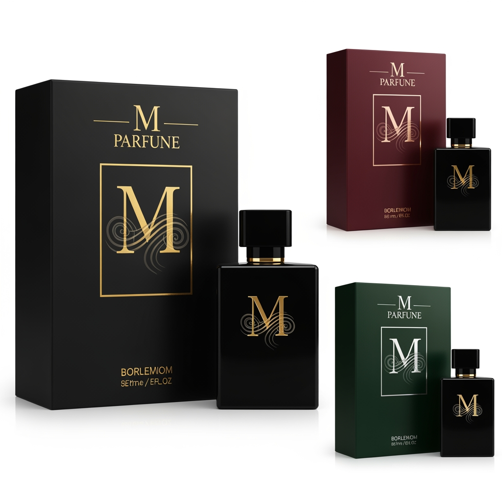 AI Design for Style: Luxury Font: Elegant serif / thin premium typography Symbol: “M” monogram with perfume vapor curves Colors (Attractive): Matte Black + Gold (Luxury look) Deep Maroon + Rose Gold (Royal feel) Dark Emerald + Silver (Premium fresh look) Modern