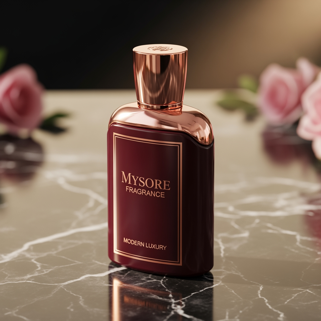 AI Design for Mysore Fragrance 
Modern Luxury
Deep Maroon + Rose Gold
Elegant thin serif
premium