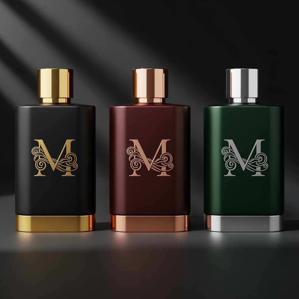 AI Design for Style: Luxury + Modern + Royal
Font: Elegant serif / thin premium typography
Symbol: “M” monogram with perfume vapor curvesColors (Attractive):

Matte Black + Gold (Luxury look)
Deep Maroon + Rose Gold (Royal feel)
Dark Emerald + Silver (Premium fresh look)