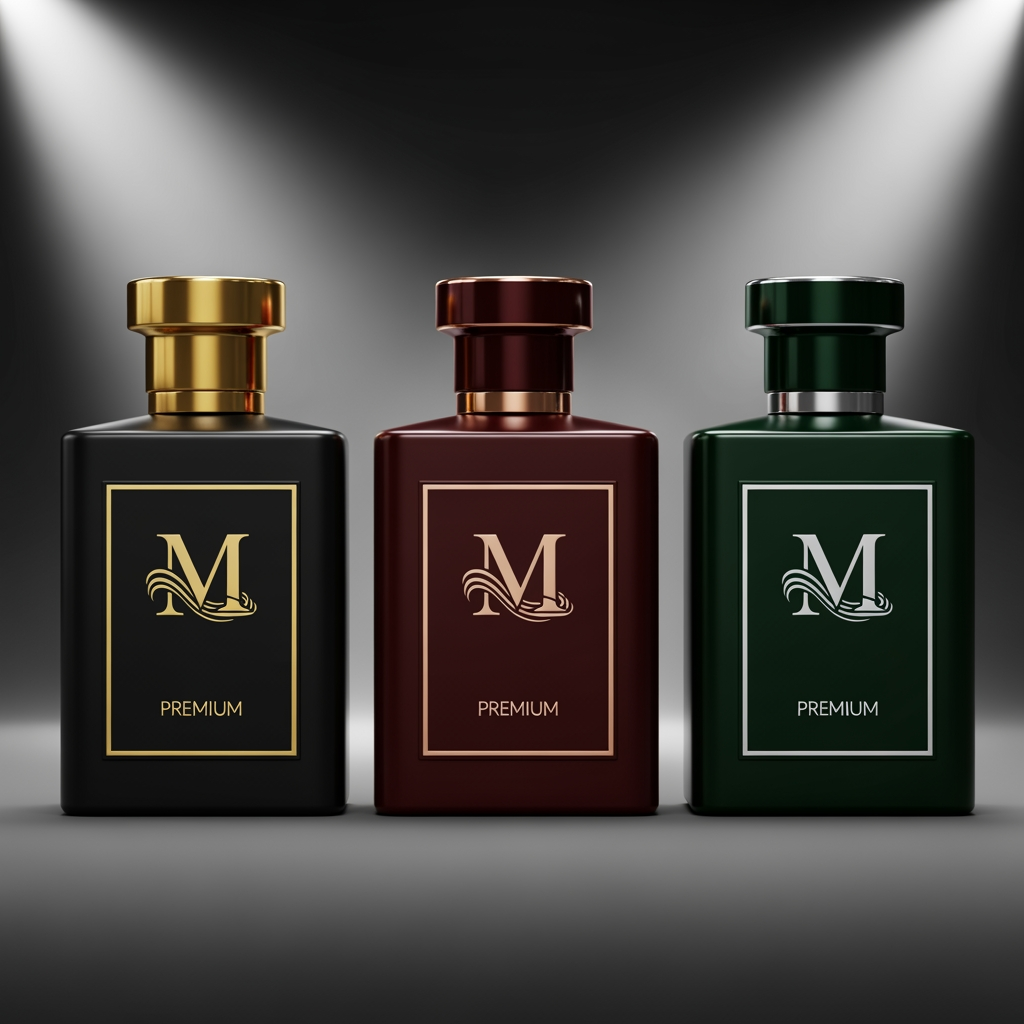 AI Design for Style: Luxury + Modern + Royal
Font: Elegant serif / thin premium typography
Symbol: “M” monogram with perfume vapor curvesColors (Attractive):

Matte Black + Gold (Luxury look)
Deep Maroon + Rose Gold (Royal feel)
Dark Emerald + Silver (Premium fresh look)