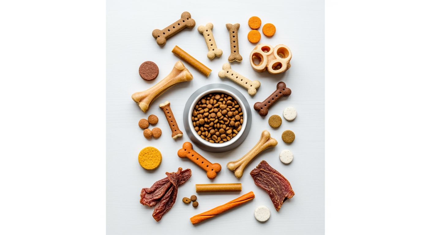 AI Design for I want to generate an image of a "dog food" category for a website. i should have dog treats, dog food bowl, few bones. some white spacing to. it should be optimizable to mobile version of the website too.   make the fill the page