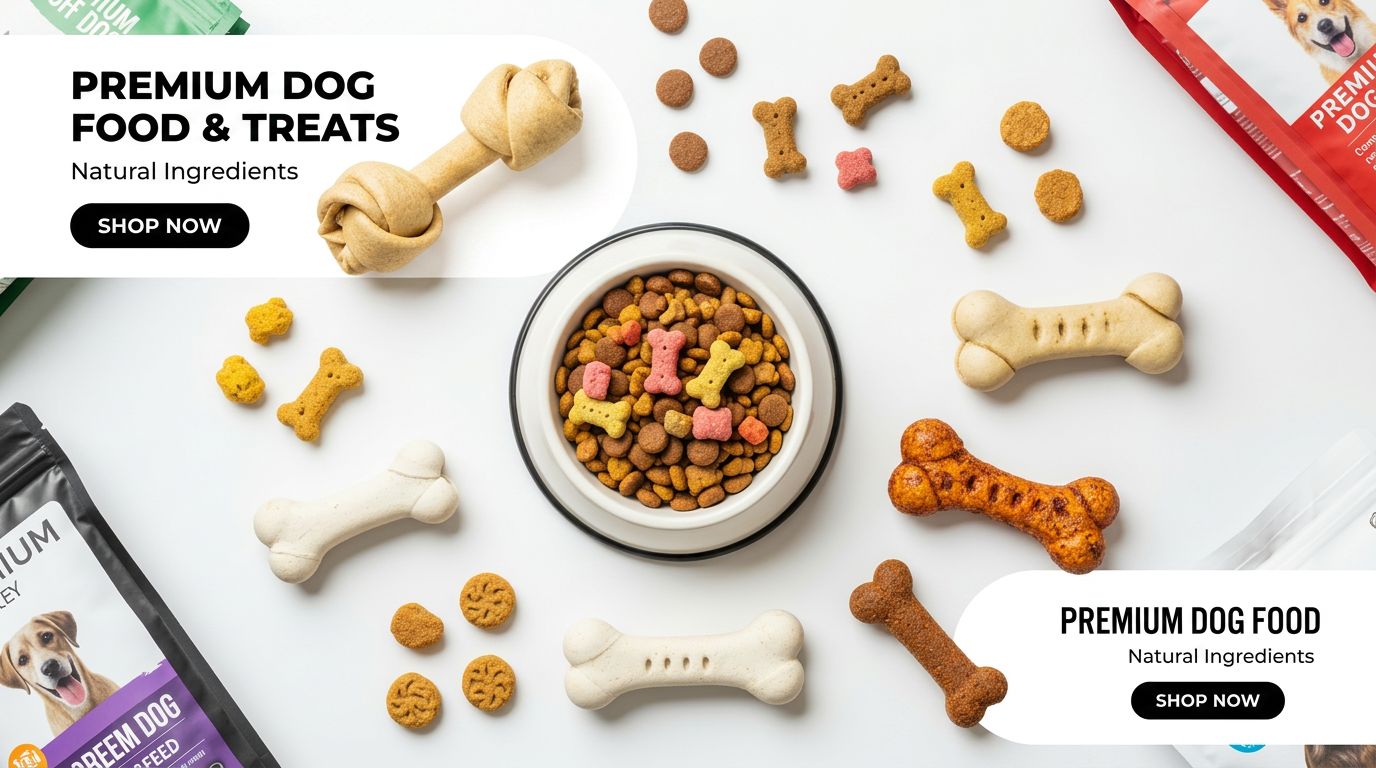 AI Design for I want to generate an image of a "dog food" category for a website. i should have dog treats, dog food bowl, few bones. some white spacing to. it should be optimizable to mobile version of the website too.   make the fill the page. this size 1584 x 396 px