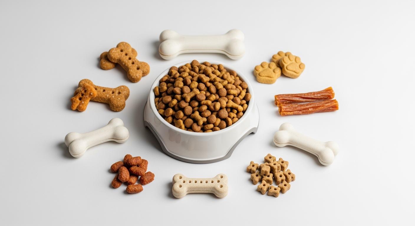 AI Design for I want to generate an image of a "dog food" category for a website. i should have dog treats, dog food bowl, few bones. some white spacing to. it should be optimizable to mobile version of the website too.