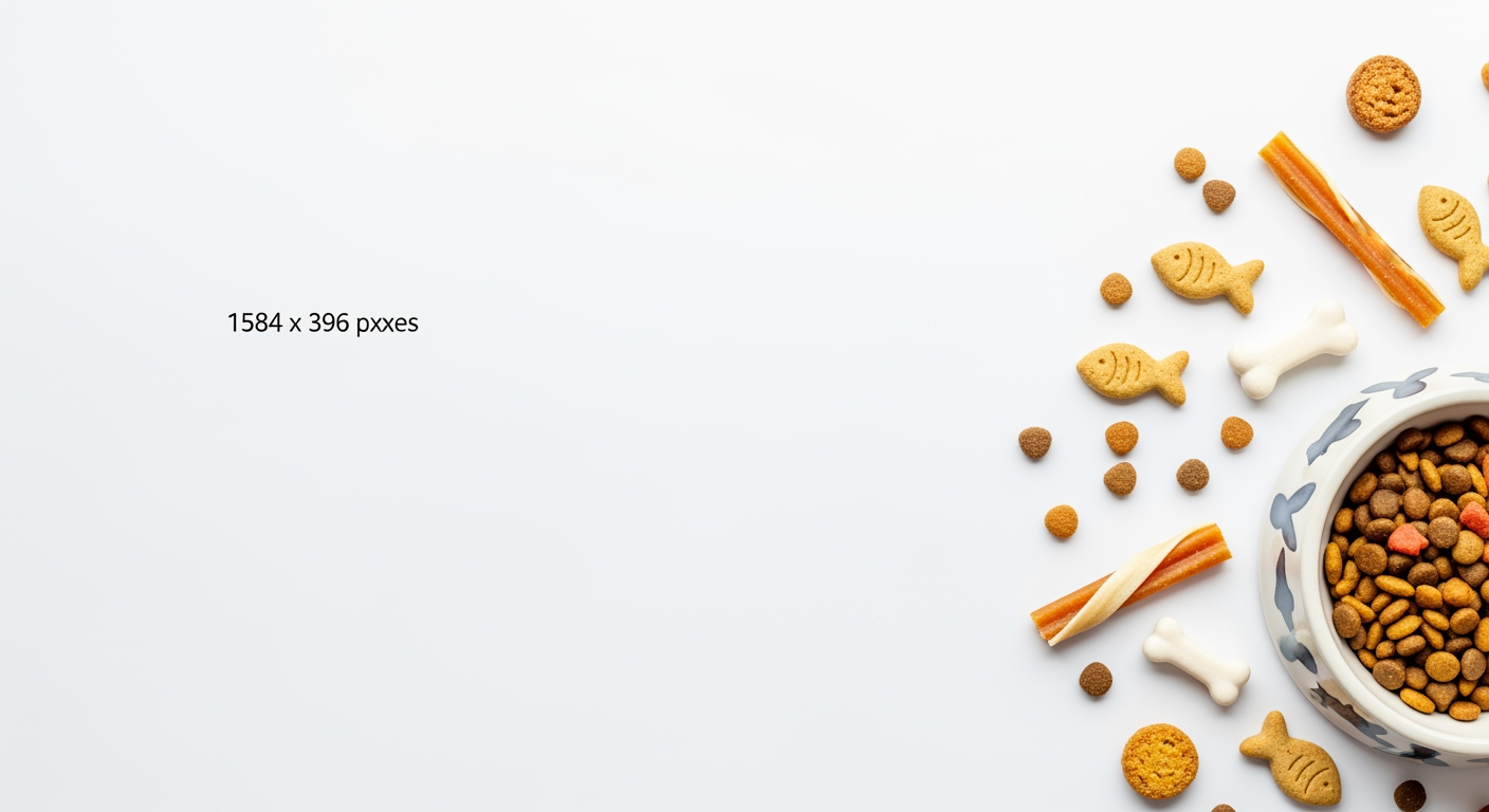 AI Design for I want to generate an image of a "Cat food" category for a website. i should have cat treats, cat food bowl, few bones. some white spacing to. it should be optimizable to mobile version of the website too.   make the fill the page. make in this dimensions 1584 x 396 px, dont add any text. keep the bowl in one corner