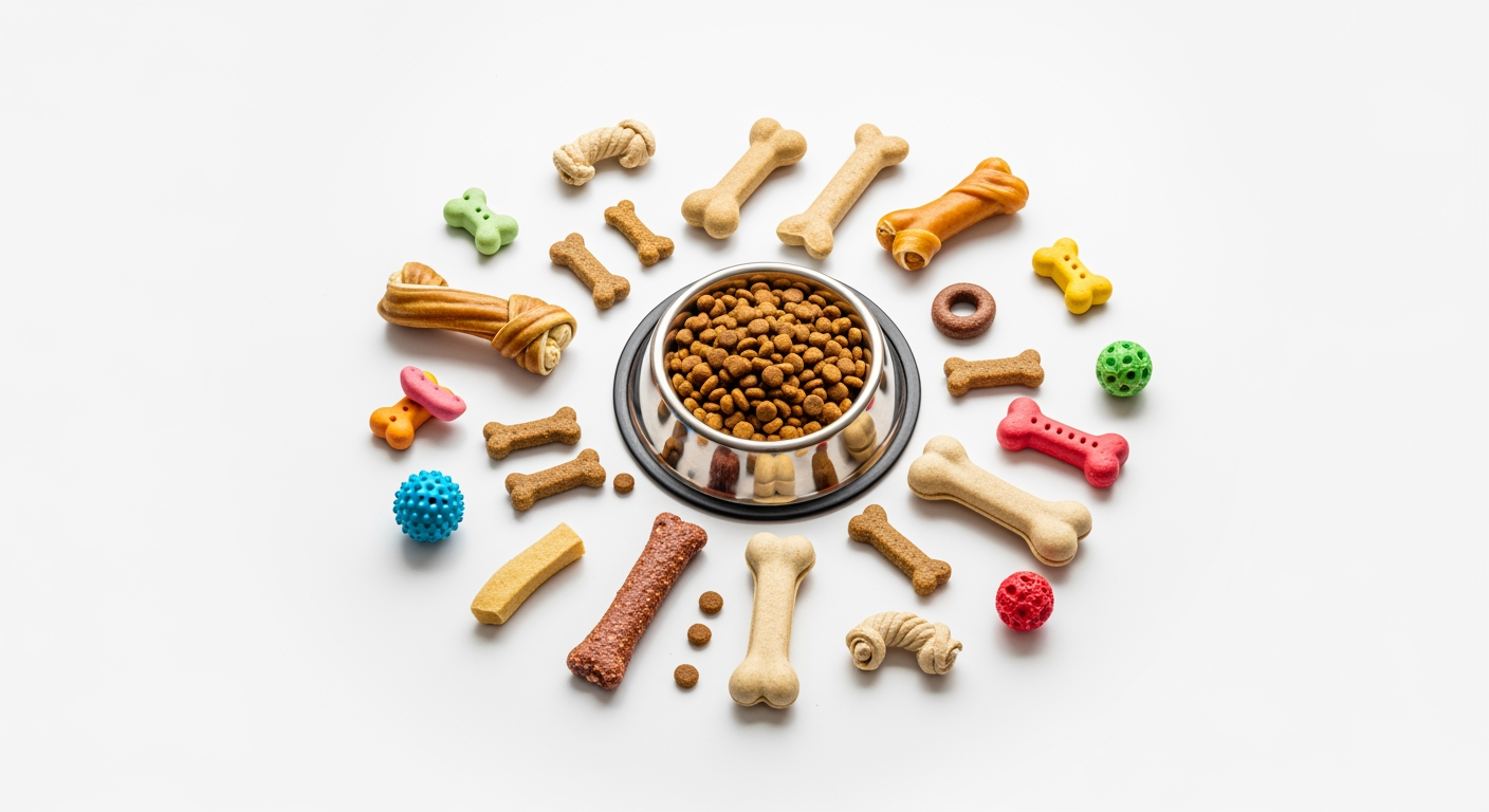 AI Design for I want to generate an image of a "dog food" category for a website. i should have dog treats, dog food bowl, few bones. some white spacing to. it should be optimizable to mobile version of the website too.