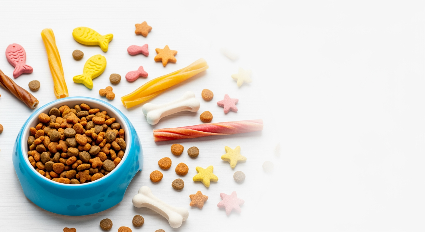 AI Design for I want to generate an image of a "Cat food" category for a website. i should have cat treats, cat food bowl, few bones. some white spacing to. it should be optimizable to mobile version of the website too.   make the fill the page. make this size 1584 x 396 px, dont add any text. keep the bowl in one crner