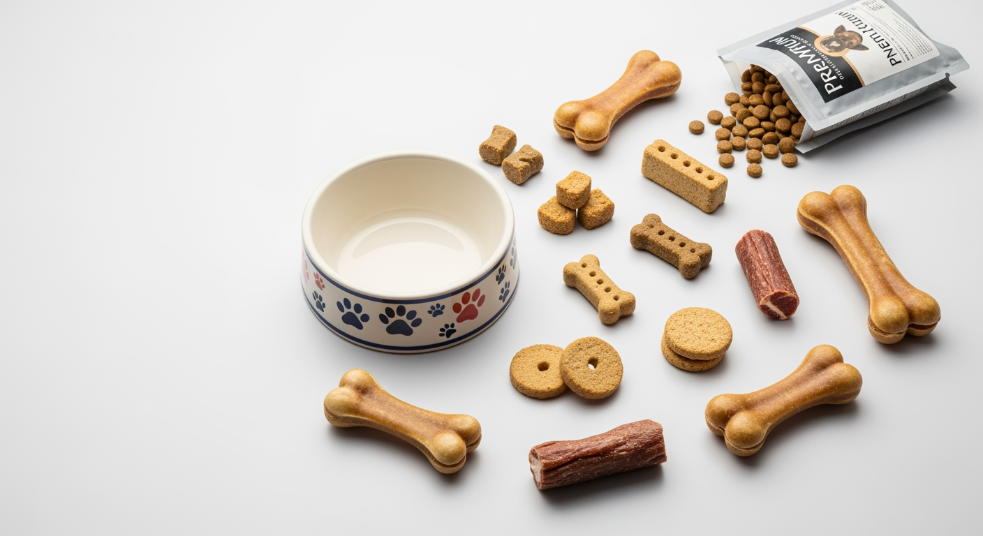 AI Design for I want to generate an image of a "dog food" category for a website. i should have dog treats, dog food bowl, few bones. some white spacing to. it should be optimizable to mobile version of the website too.   make the fill the page, but not cluttered