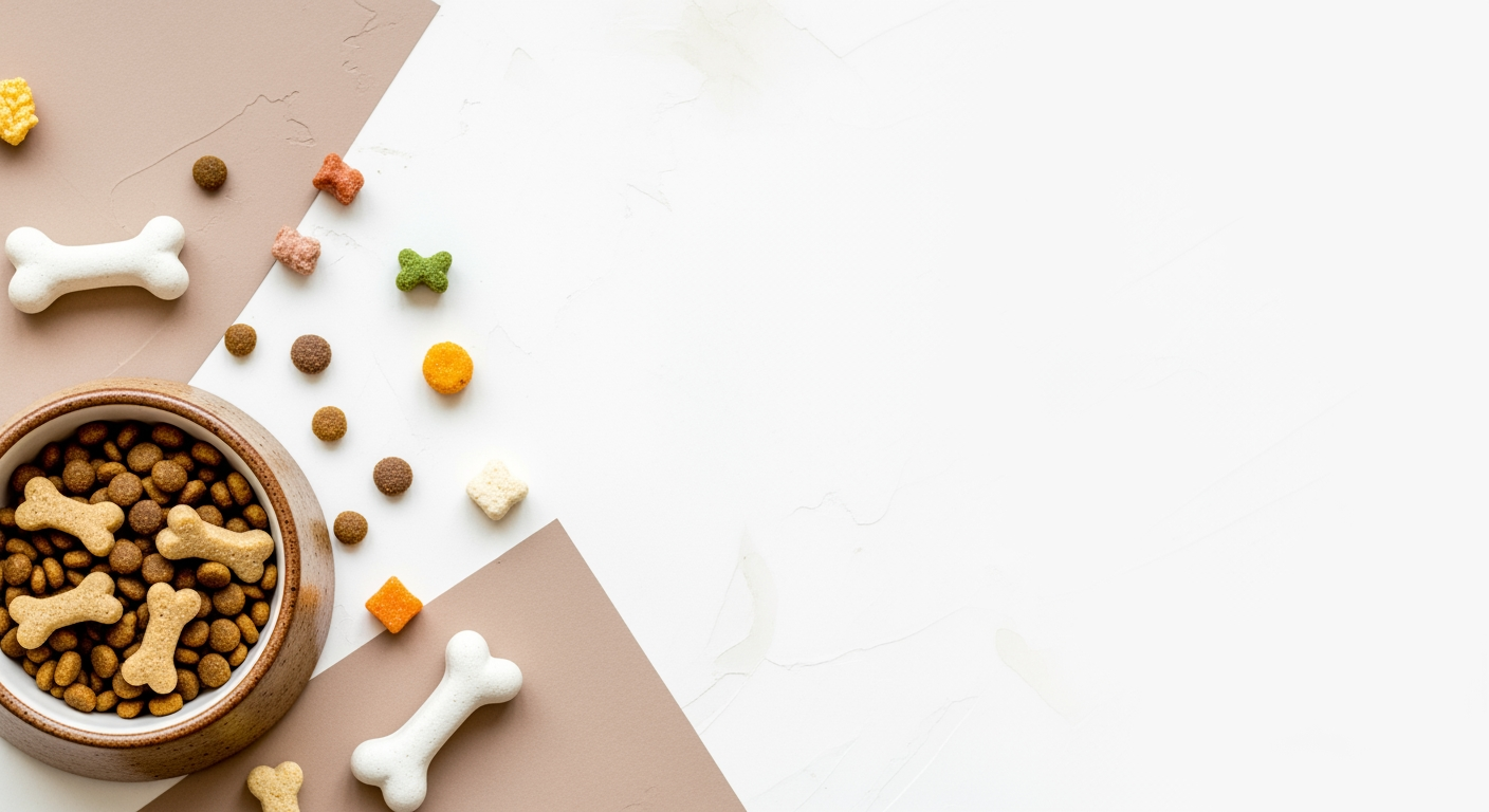 AI Design for I want to generate an image of a "Cat food" category for a website. i should have cat treats, cat food bowl, few bones. some white spacing to. it should be optimizable to mobile version of the website too.   make the fill the page. make in this dimensions 1584 x 396 px, dont add any text. keep the bowl in one corner. light brown colour, aesthetic