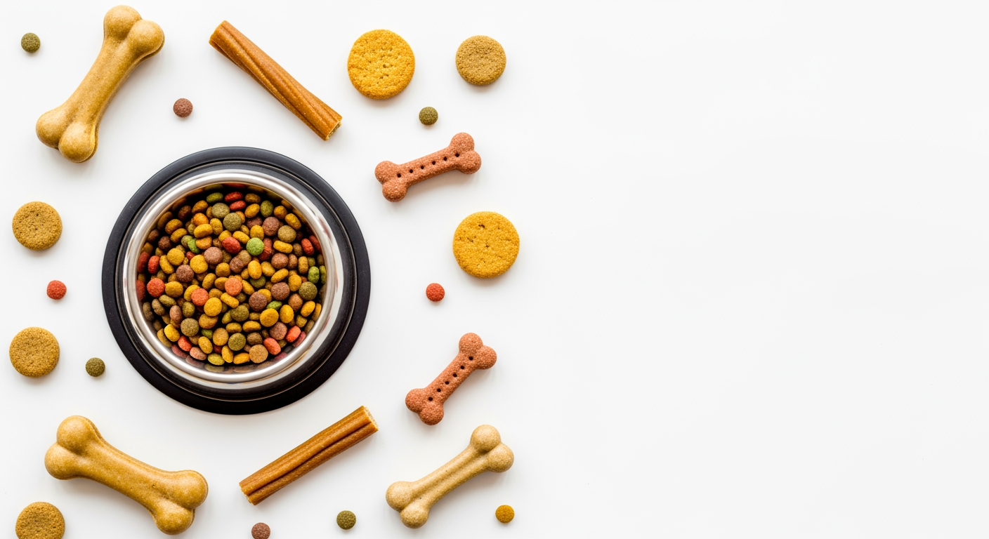 AI Design for I want to generate an image of a "dog food" category for a website. i should have dog treats, dog food bowl, few bones. some white spacing to. it should be optimizable to mobile version of the website too.   make the fill the page, but not cluttered