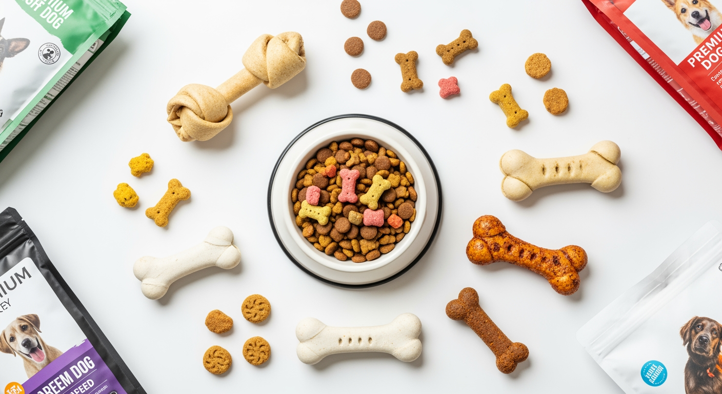 AI Design for I want to generate an image of a "dog food" category for a website. i should have dog treats, dog food bowl, few bones. some white spacing to. it should be optimizable to mobile version of the website too.   make the fill the page
