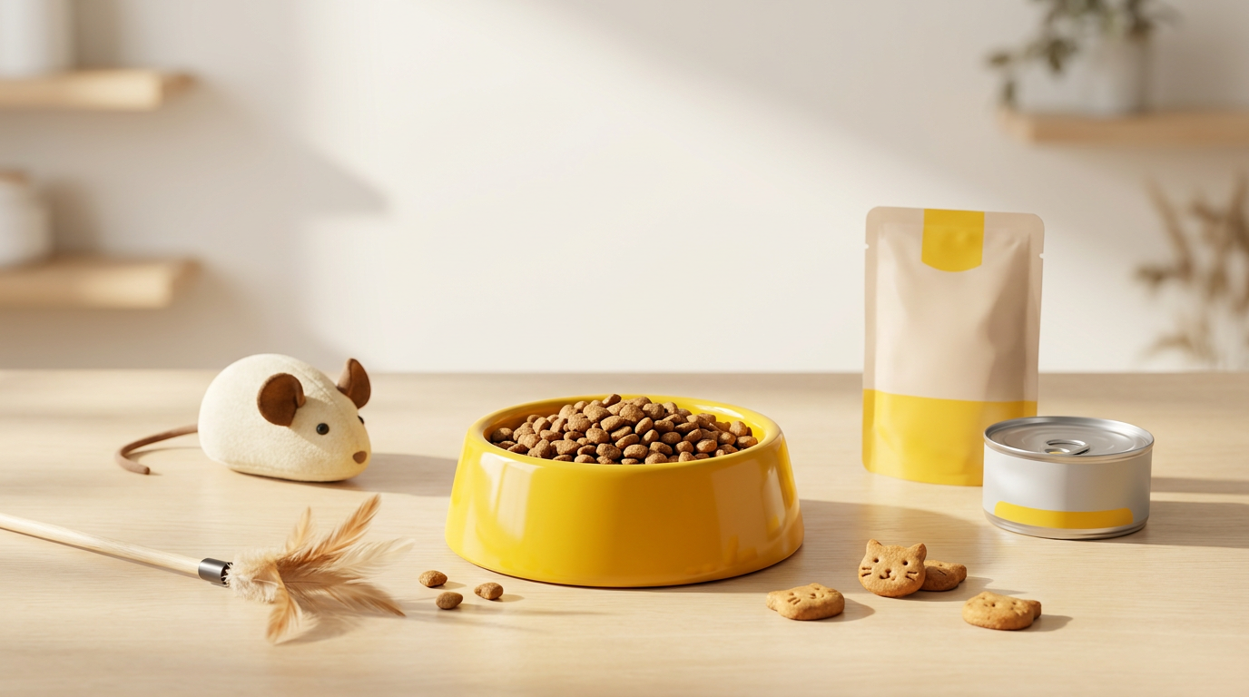 AI Design for Create a premium horizontal category banner (514 × 1462 aspect ratio, ultra-wide crop) for a pet e-commerce app called Petric. Use a clean, bright, warm aesthetic with Petric's signature yellow (#F7C600), cream, beige, and soft wood tones.

Scene: High-quality commercial product photography on a light wooden tabletop. A glossy yellow cat food bowl filled with kibble is the main focal point. Surround it with a small number of carefully arranged cat-related items: a premium cat food pouch with yellow packaging, a can of wet cat food, a plush mouse toy, a feather teaser wand, a few scattered kibble pieces, and subtle cat-shaped treats.

Composition should feel spacious, balanced, and minimal. Leave clean negative space in the center for a future category title overlay. No text, no logos, no labels, no watermarks.

Style: modern pet brand advertising, premium e-commerce banner, soft natural lighting, realistic shadows, shallow depth of field, highly detailed product photography, warm and inviting mood, clean background, professional studio quality.

Avoid clutter. Use fewer props than a typical flat lay. Focus on elegance, cleanliness, and visual hierarchy. Products should fill the banner naturally while maintaining breathing room. Photorealistic, 4K quality.