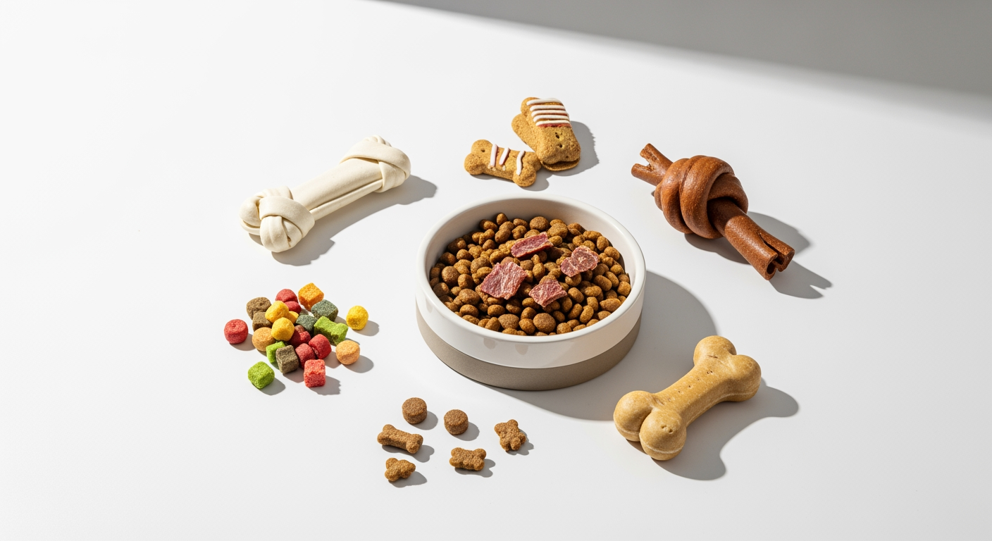 AI Design for I want to generate an image of a "dog food" category for a website. i should have dog treats, dog food bowl, few bones. some white spacing to. it should be optimizable to mobile version of the website too.   make the fill the page, but not cluttered