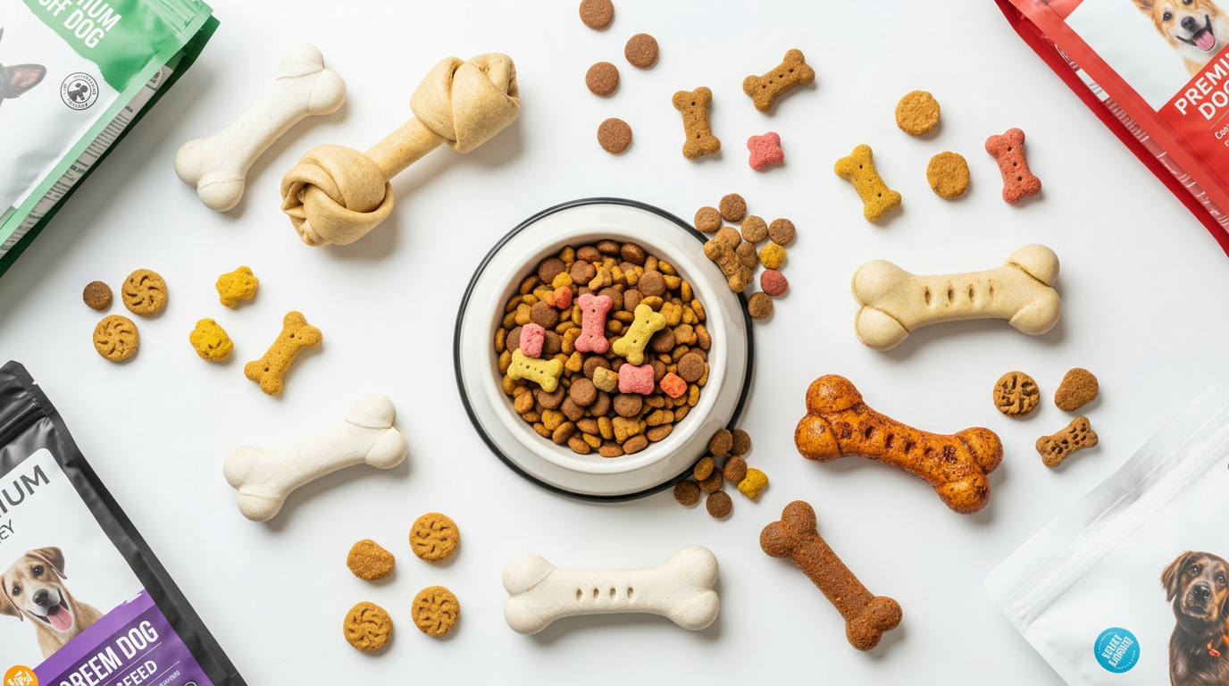 AI Design for I want to generate an image of a "dog food" category for a website. i should have dog treats, dog food bowl, few bones. some white spacing to. it should be optimizable to mobile version of the website too.   make the fill the page. this size 1584 x 396 px, dont add anytext