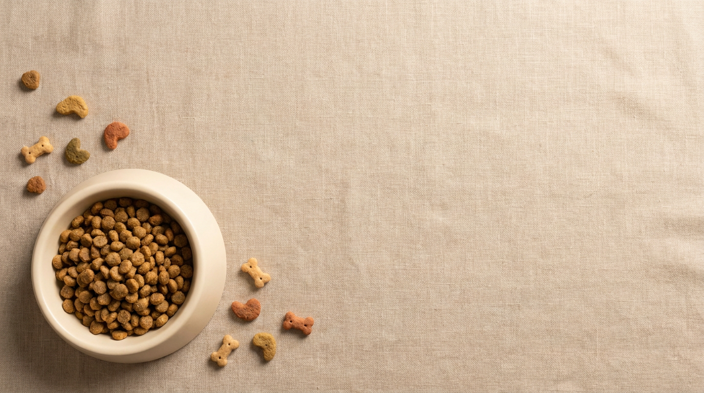 AI Design for A minimalist, aesthetic flat-lay composition for a cat food category banner, featuring a ceramic cat food bowl placed in the bottom-left corner with scattered organic cat treats and small decorative bone-shaped biscuits nearby. The scene is bathed in soft, warm light with a light brown, earthy color palette and generous negative space for clean website UI integration. Shot from a top-down perspective to ensure a balanced, professional look that adapts perfectly to mobile and desktop layouts.