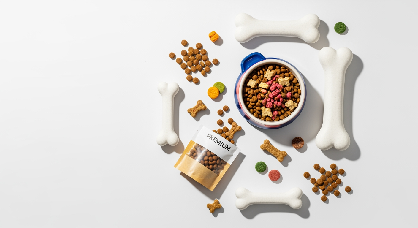 AI Design for I want to generate an image of a "dog food" category for a website. i should have dog treats, dog food bowl, few bones. some white spacing to. it should be optimizable to mobile version of the website too.   make the fill the page