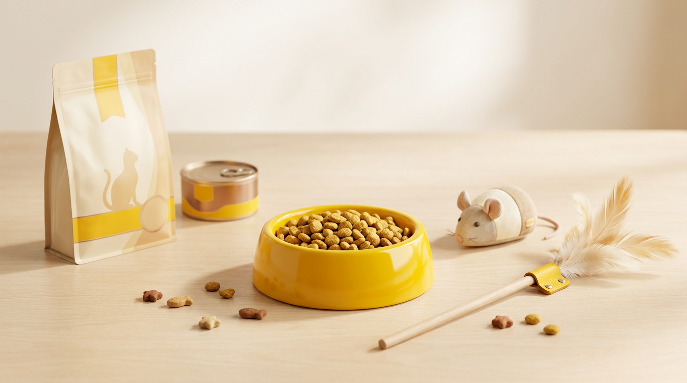AI Design for Create a premium horizontal category banner (514 × 1462 aspect ratio, ultra-wide crop) for a pet e-commerce app called Petric. Use a clean, bright, warm aesthetic with Petric's signature yellow (#F7C600), cream, beige, and soft wood tones.

Scene: High-quality commercial product photography on a light wooden tabletop. A glossy yellow cat food bowl filled with kibble is the main focal point. Surround it with a small number of carefully arranged cat-related items: a premium cat food pouch with yellow packaging, a can of wet cat food, a plush mouse toy, a feather teaser wand, a few scattered kibble pieces, and subtle cat-shaped treats.

Composition should feel spacious, balanced, and minimal. Leave clean negative space in the center for a future category title overlay. No text, no logos, no labels, no watermarks.

Style: modern pet brand advertising, premium e-commerce banner, soft natural lighting, realistic shadows, shallow depth of field, highly detailed product photography, warm and inviting mood, clean background, professional studio quality.

Avoid clutter. Use fewer props than a typical flat lay. Focus on elegance, cleanliness, and visual hierarchy. Products should fill the banner naturally while maintaining breathing room. Photorealistic, 4K quality.