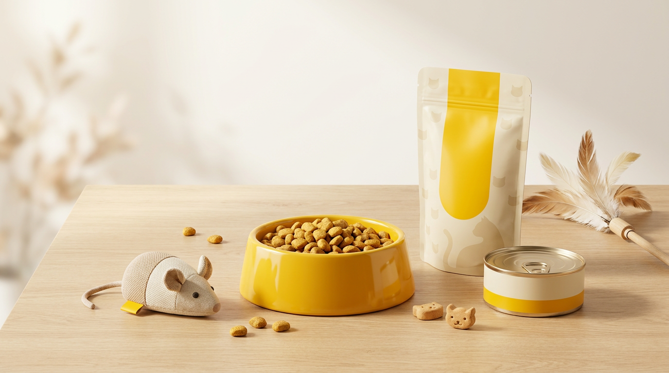 AI Design for Create a premium horizontal category banner (514 × 1462 aspect ratio, ultra-wide crop) for a pet e-commerce app called Petric. Use a clean, bright, warm aesthetic with Petric's signature yellow (#F7C600), cream, beige, and soft wood tones.

Scene: High-quality commercial product photography on a light wooden tabletop. A glossy yellow cat food bowl filled with kibble is the main focal point. Surround it with a small number of carefully arranged cat-related items: a premium cat food pouch with yellow packaging, a can of wet cat food, a plush mouse toy, a feather teaser wand, a few scattered kibble pieces, and subtle cat-shaped treats.

Composition should feel spacious, balanced, and minimal. Leave clean negative space in the center for a future category title overlay. No text, no logos, no labels, no watermarks.

Style: modern pet brand advertising, premium e-commerce banner, soft natural lighting, realistic shadows, shallow depth of field, highly detailed product photography, warm and inviting mood, clean background, professional studio quality.

Avoid clutter. Use fewer props than a typical flat lay. Focus on elegance, cleanliness, and visual hierarchy. Products should fill the banner naturally while maintaining breathing room. Photorealistic, 4K quality.
